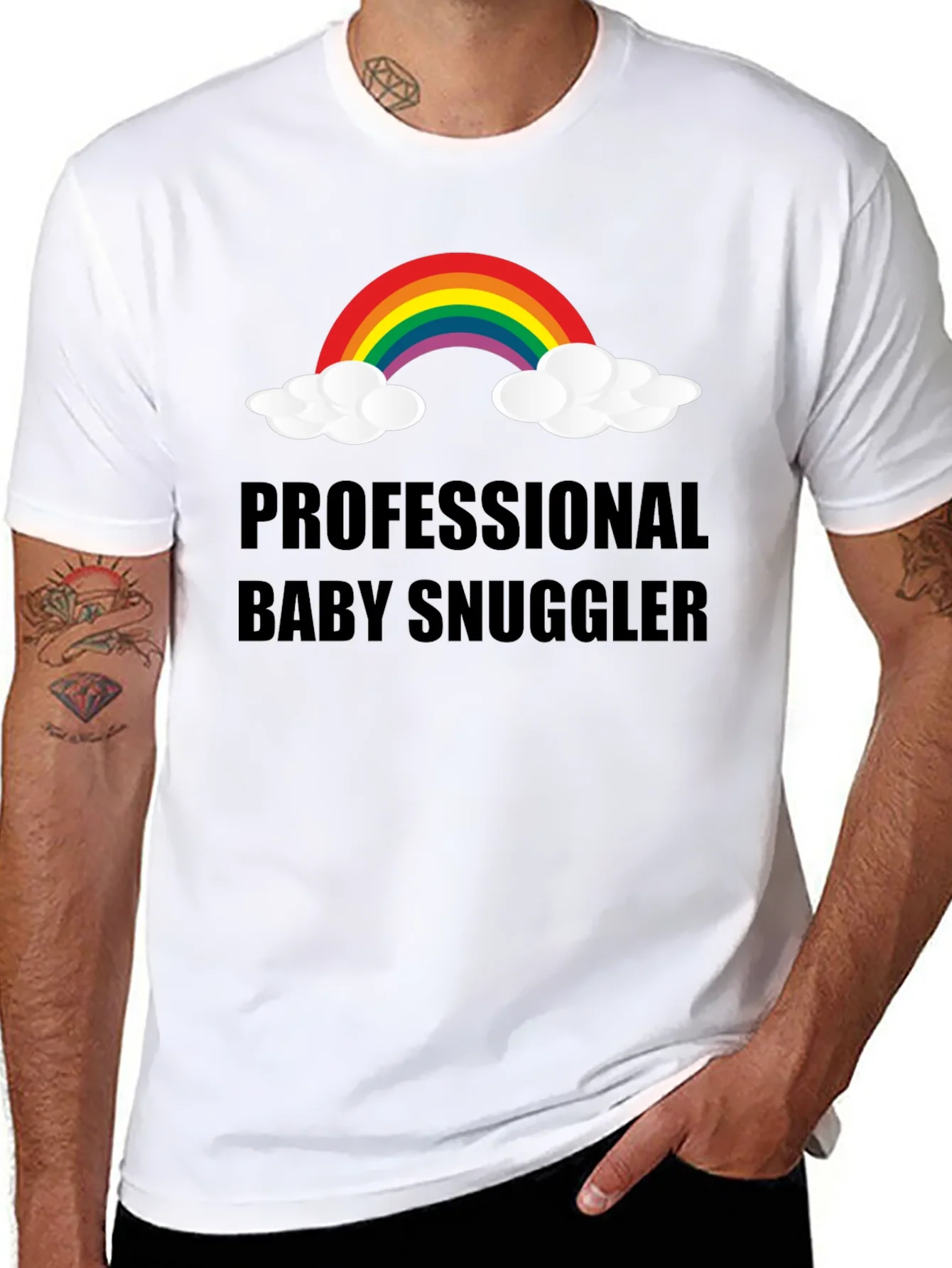 Camiseta Negra Professional Baby Snuggler con Arco Iris