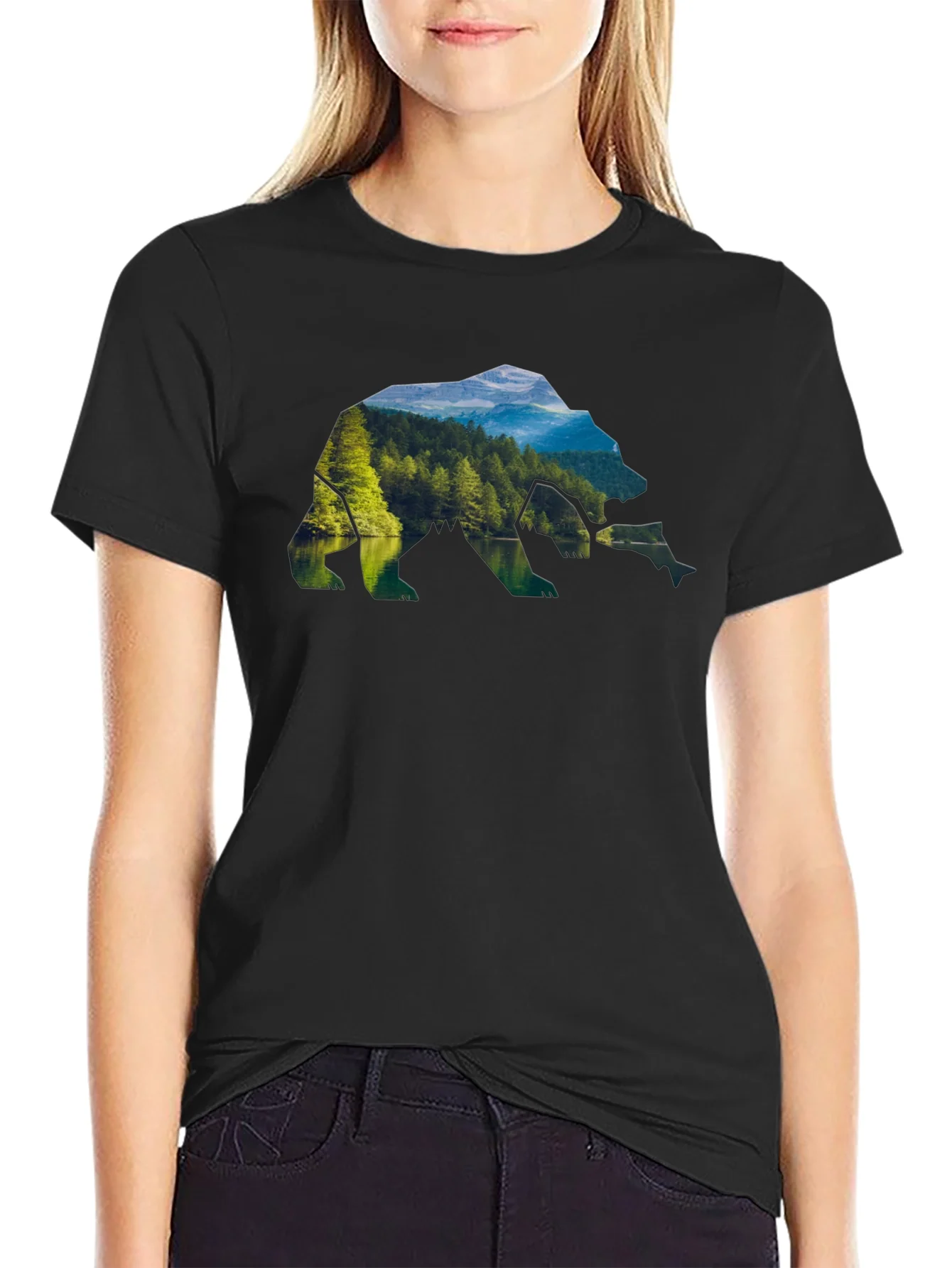 Camiseta Negra Hombre Dise?o Oso Paisaje Natural