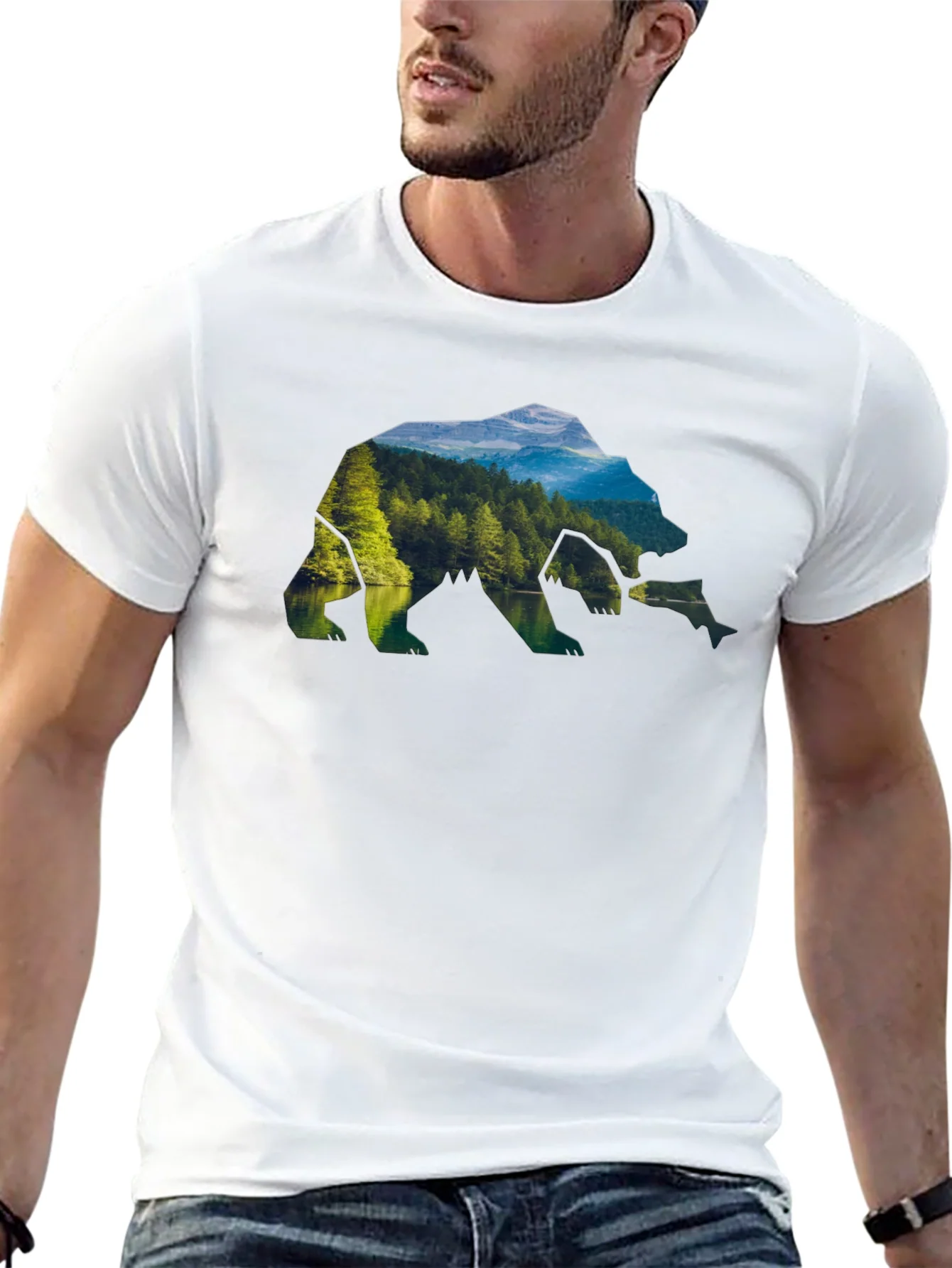 Camiseta Negra Hombre Dise?o Oso Paisaje Natural