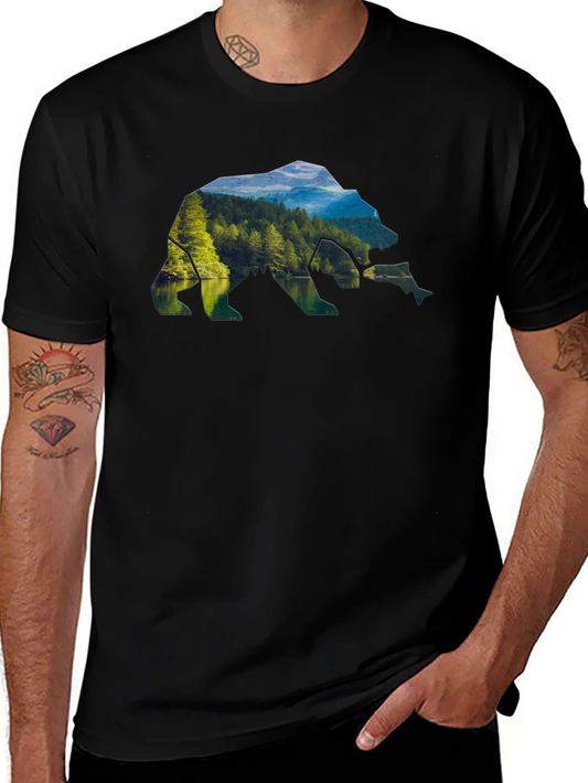 Camiseta Negra Hombre Dise?o Oso Paisaje Natural