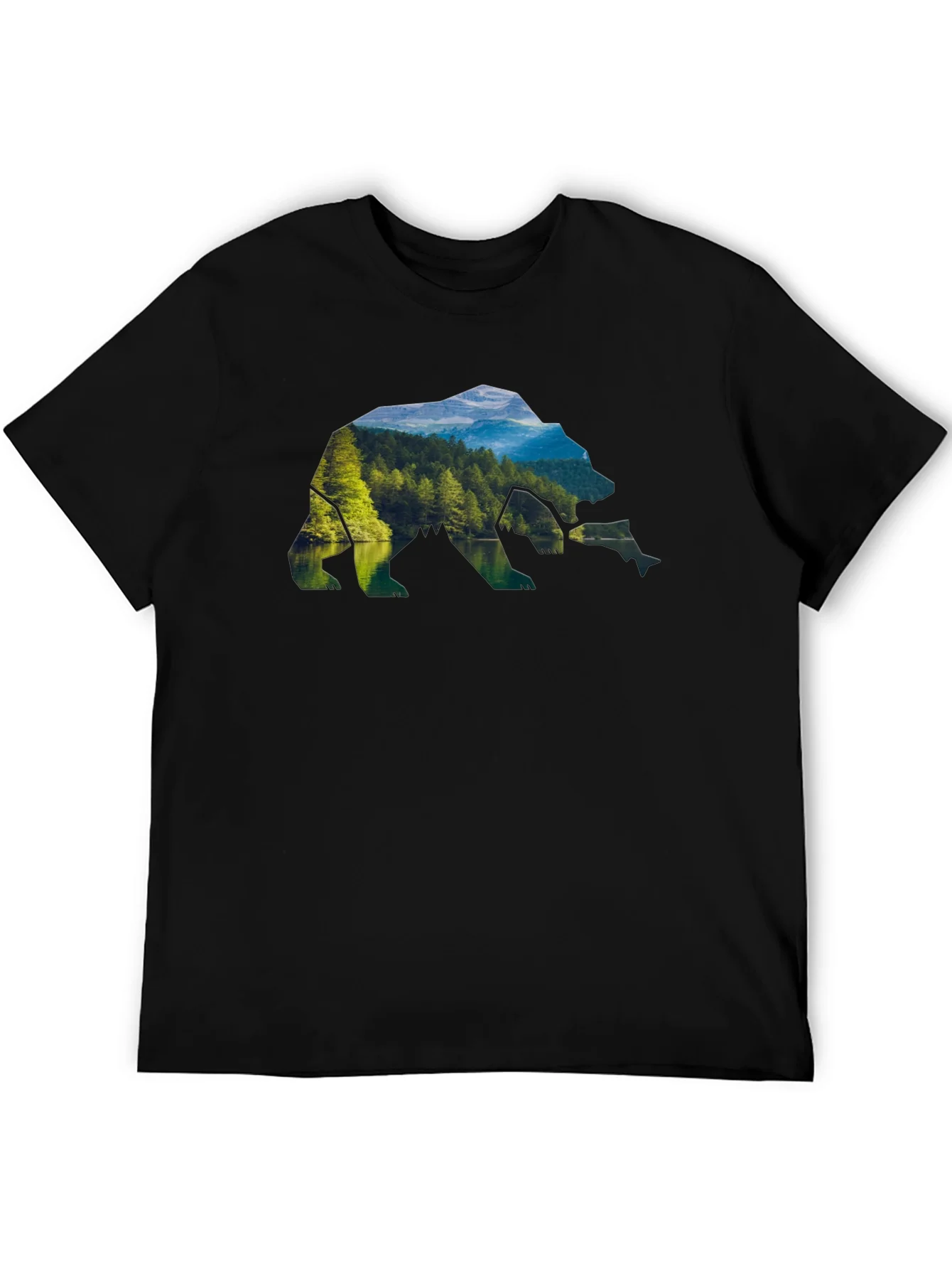 Camiseta Negra Hombre Dise?o Oso Paisaje Natural