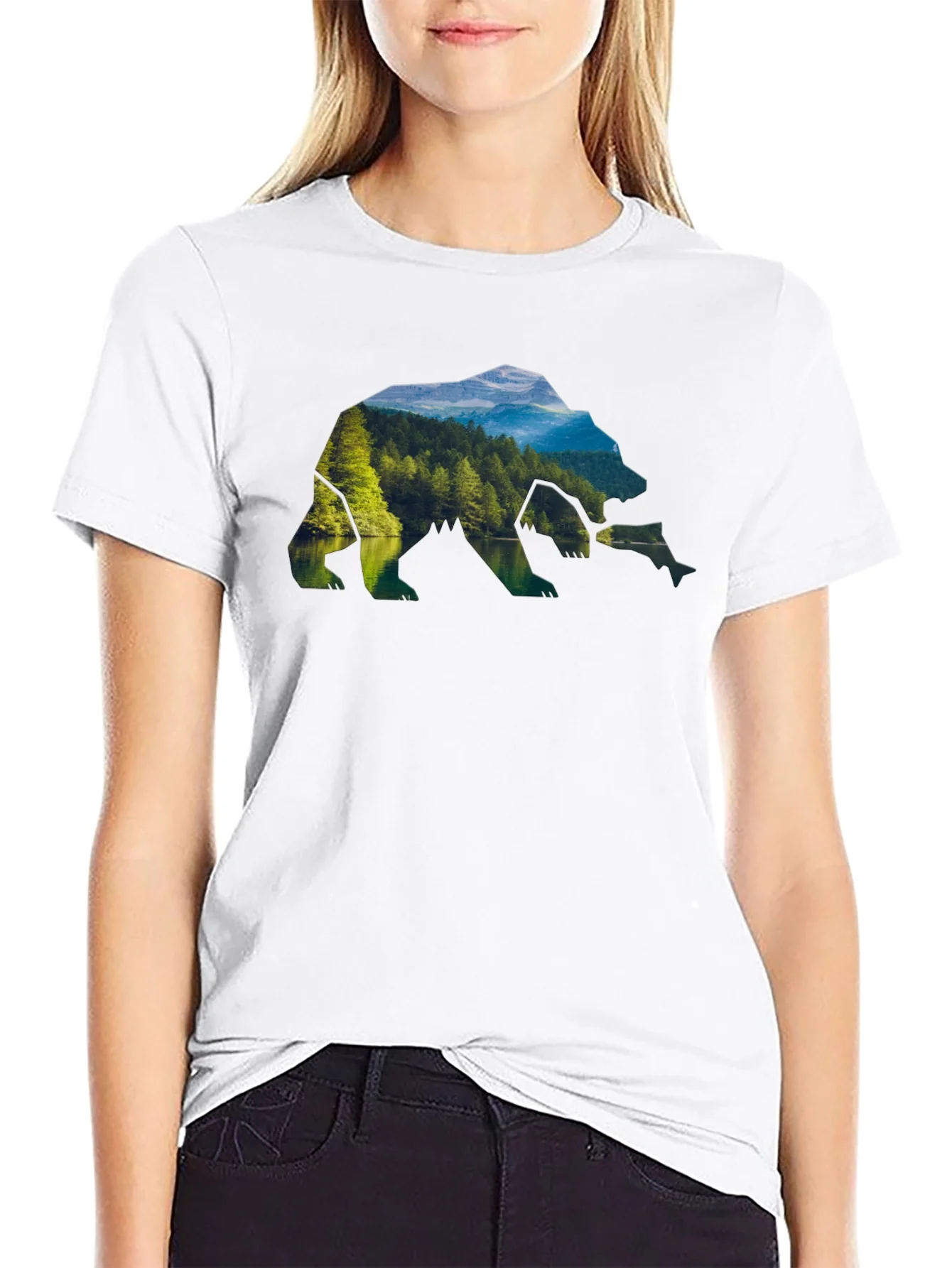 Camiseta Negra Hombre Dise?o Oso Paisaje Natural