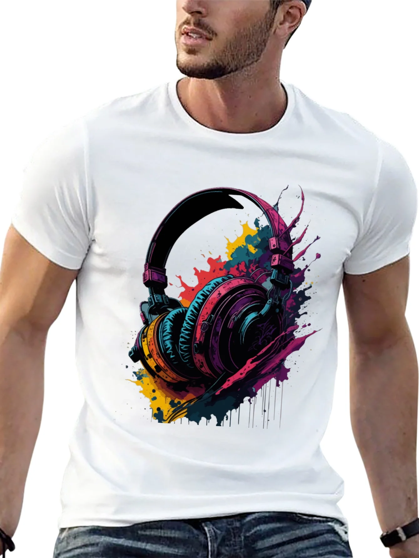 Rebbecca Vibrant Headphones Graphic Tee - Music Lovers T-Shirt