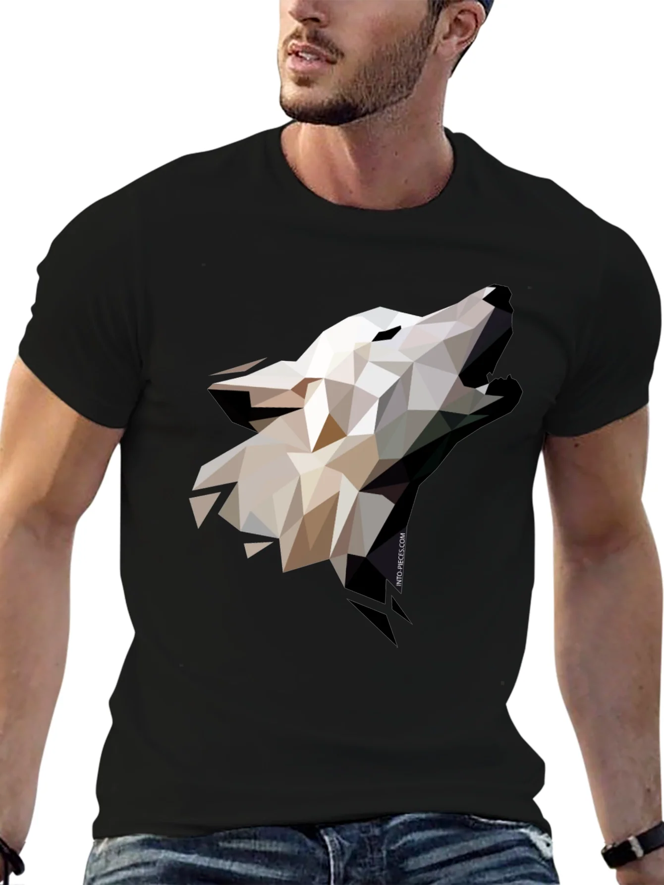 Camiseta Negra Lobo Geom¨¦trico Hombre Dise?o Moderno