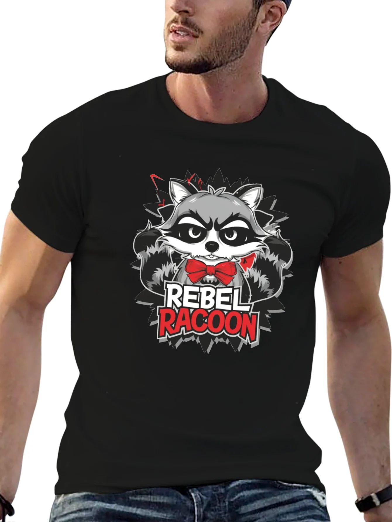 Camiseta Negra Hombre - Dise?o Rebel Raccoon