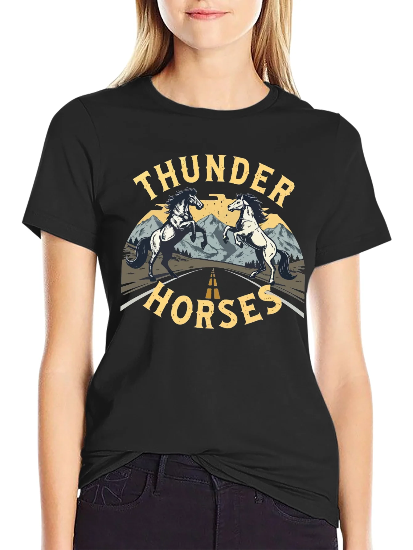 Camiseta Negra Thunder Horses Estampada para Hombre