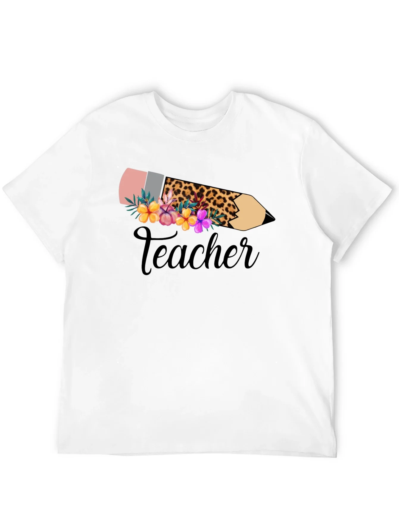 Camiseta Negra Teacher Floral y Leopardo