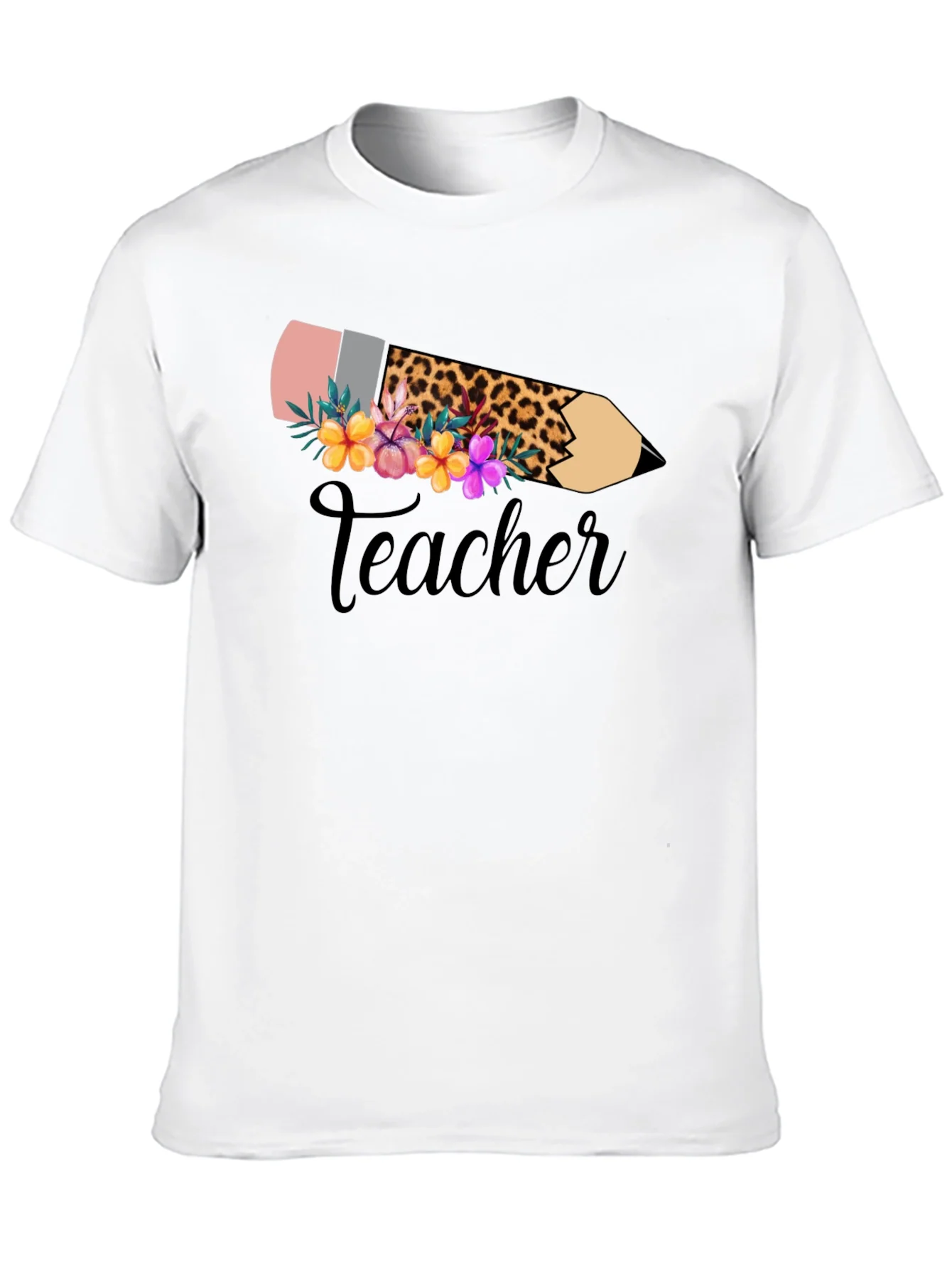Camiseta Negra Teacher Floral y Leopardo