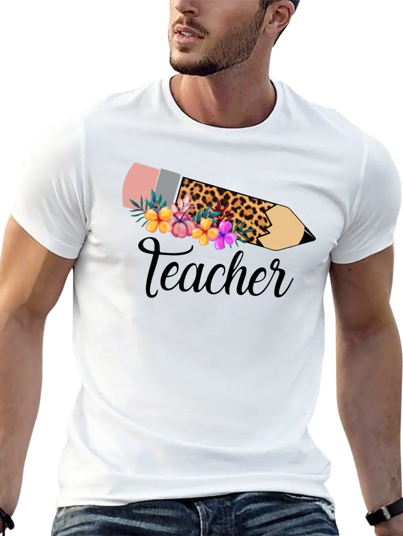 Camiseta Negra Teacher Floral y Leopardo