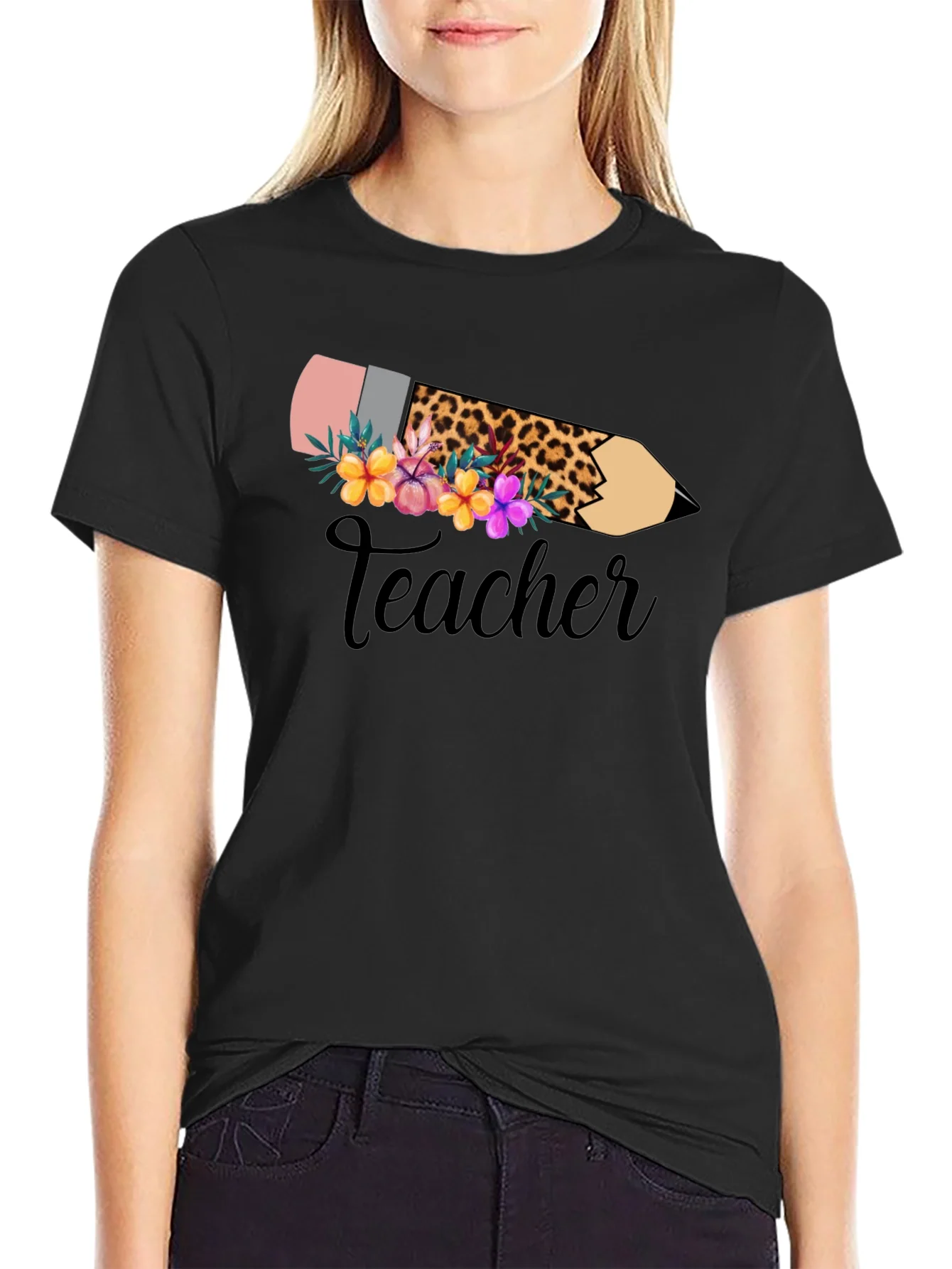 Camiseta Negra Teacher Floral y Leopardo