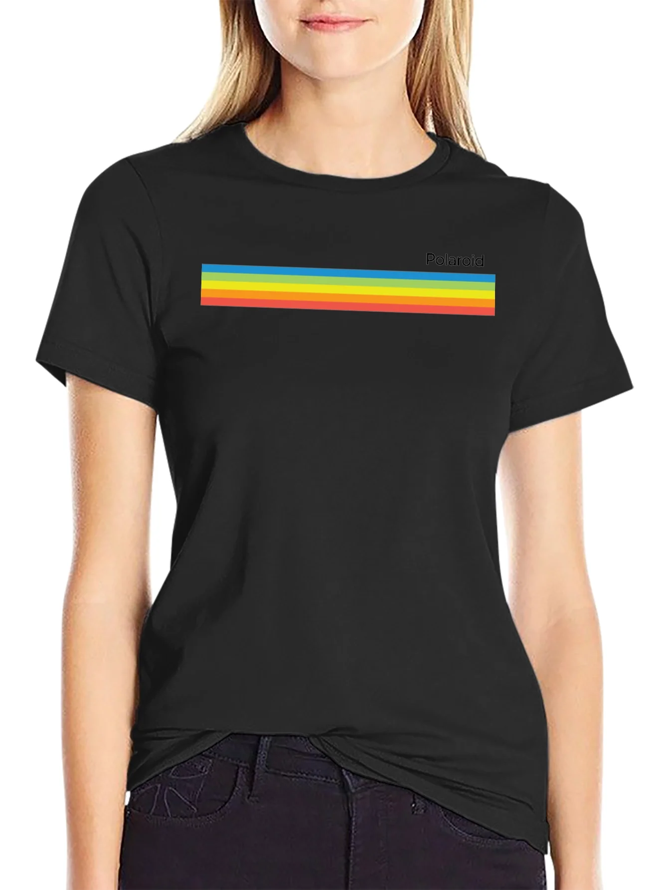 Camiseta Negra Retro con Dise?o de Rayas Polaroid
