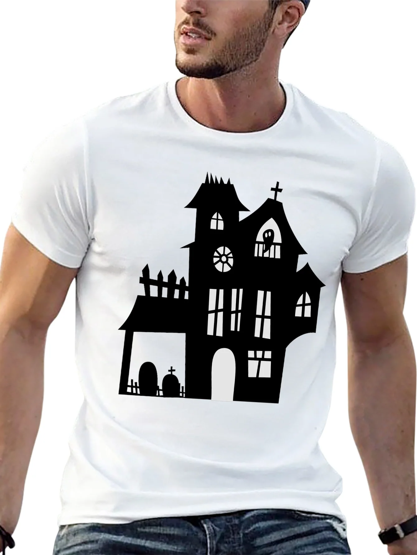 Rebbecca Spooky Halloween Haunted House Graphic Tee - Black