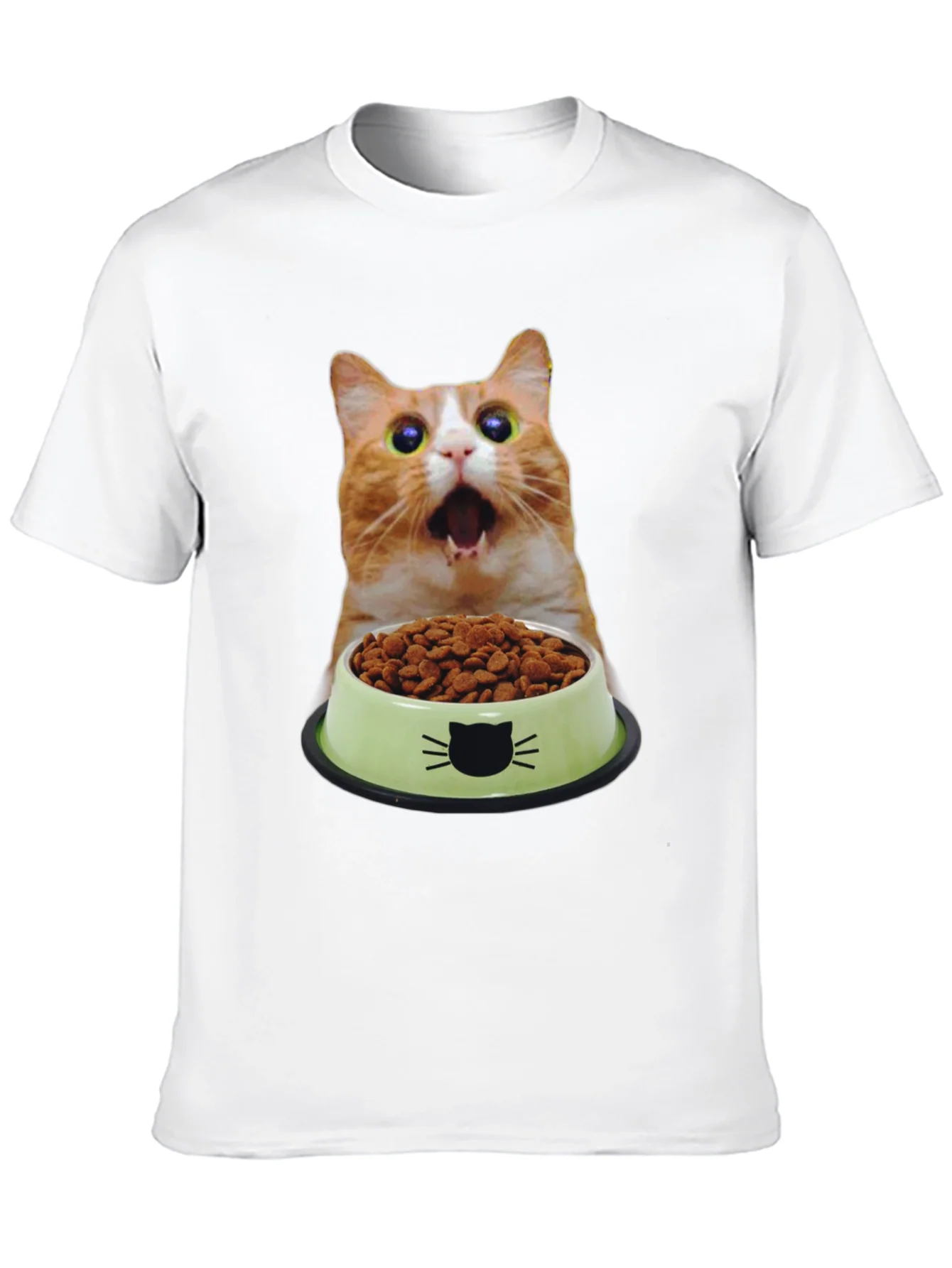 Camiseta Negra con Dise?o Gato Sorprendido y Comida