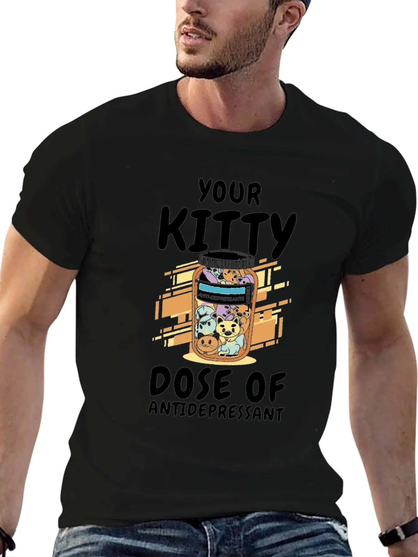 Camiseta Negra Tu Dosis de Gatitos Antidepresivos