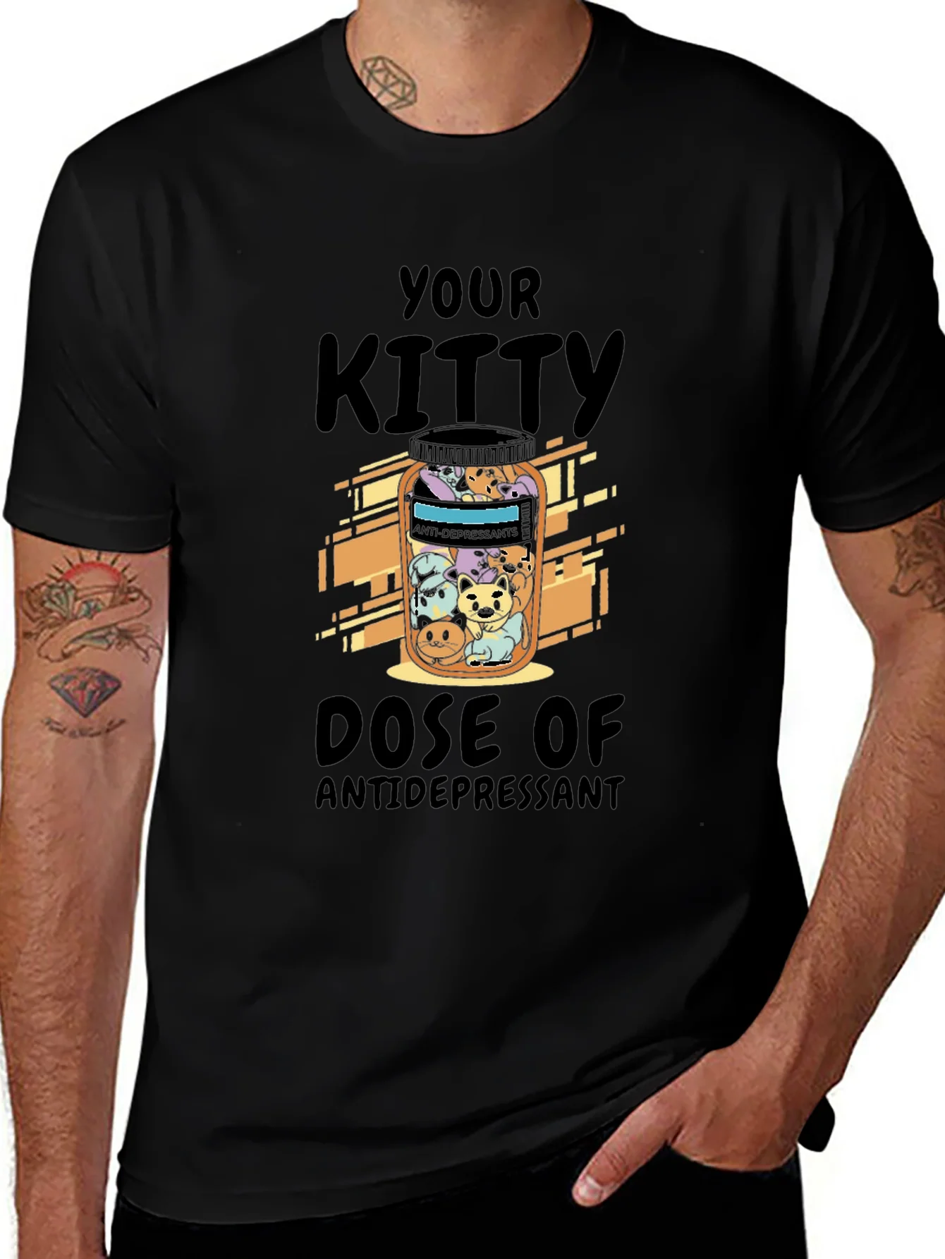 Camiseta Negra Tu Dosis de Gatitos Antidepresivos