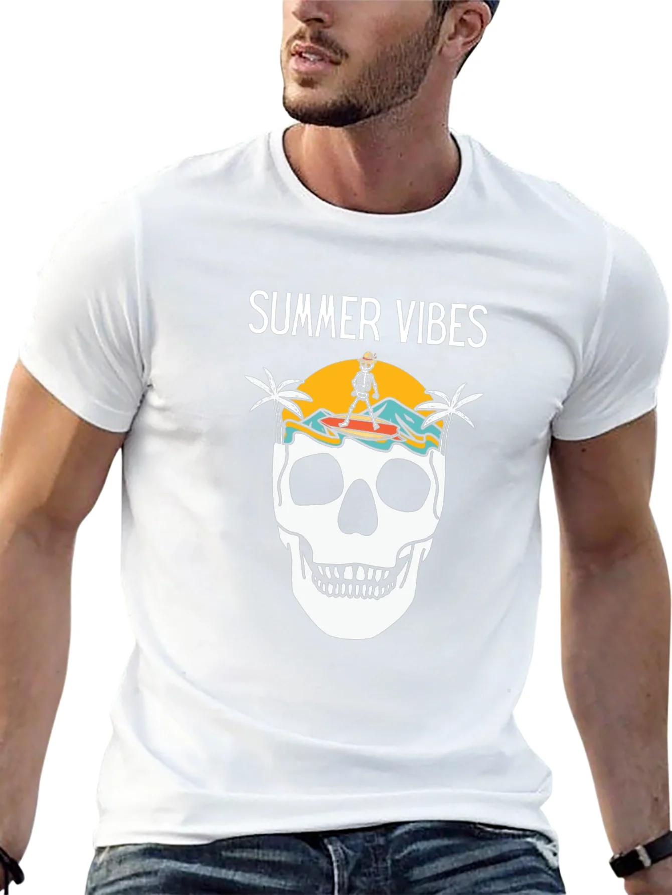 Camiseta Negra Summer Vibes con Calavera Surfista