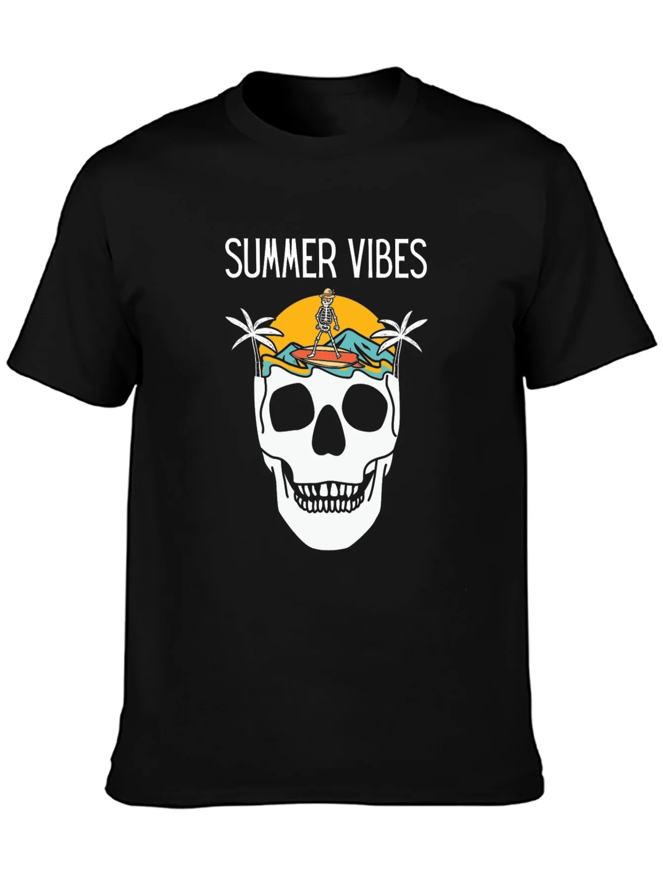 Camiseta Negra Summer Vibes con Calavera Surfista
