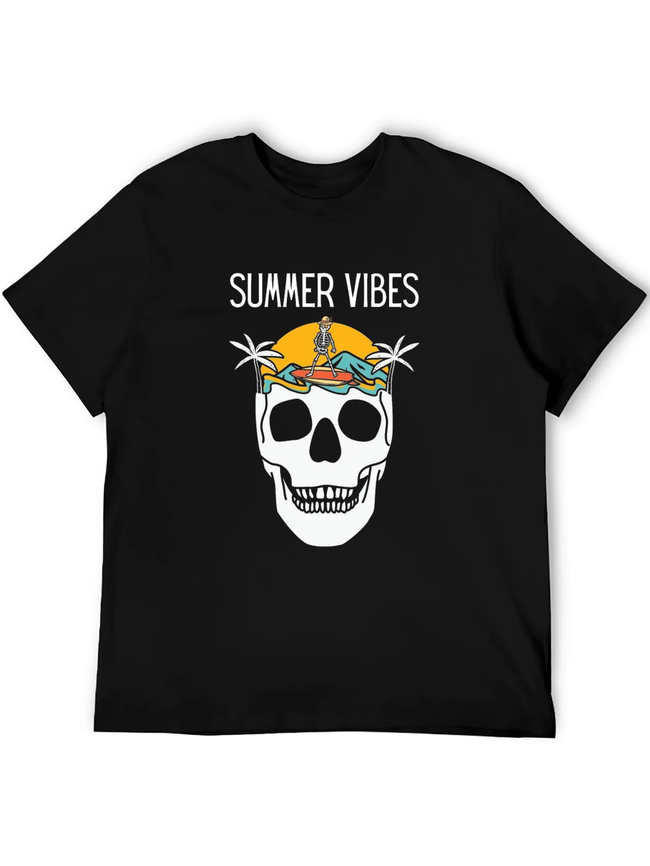 Camiseta Negra Summer Vibes con Calavera Surfista
