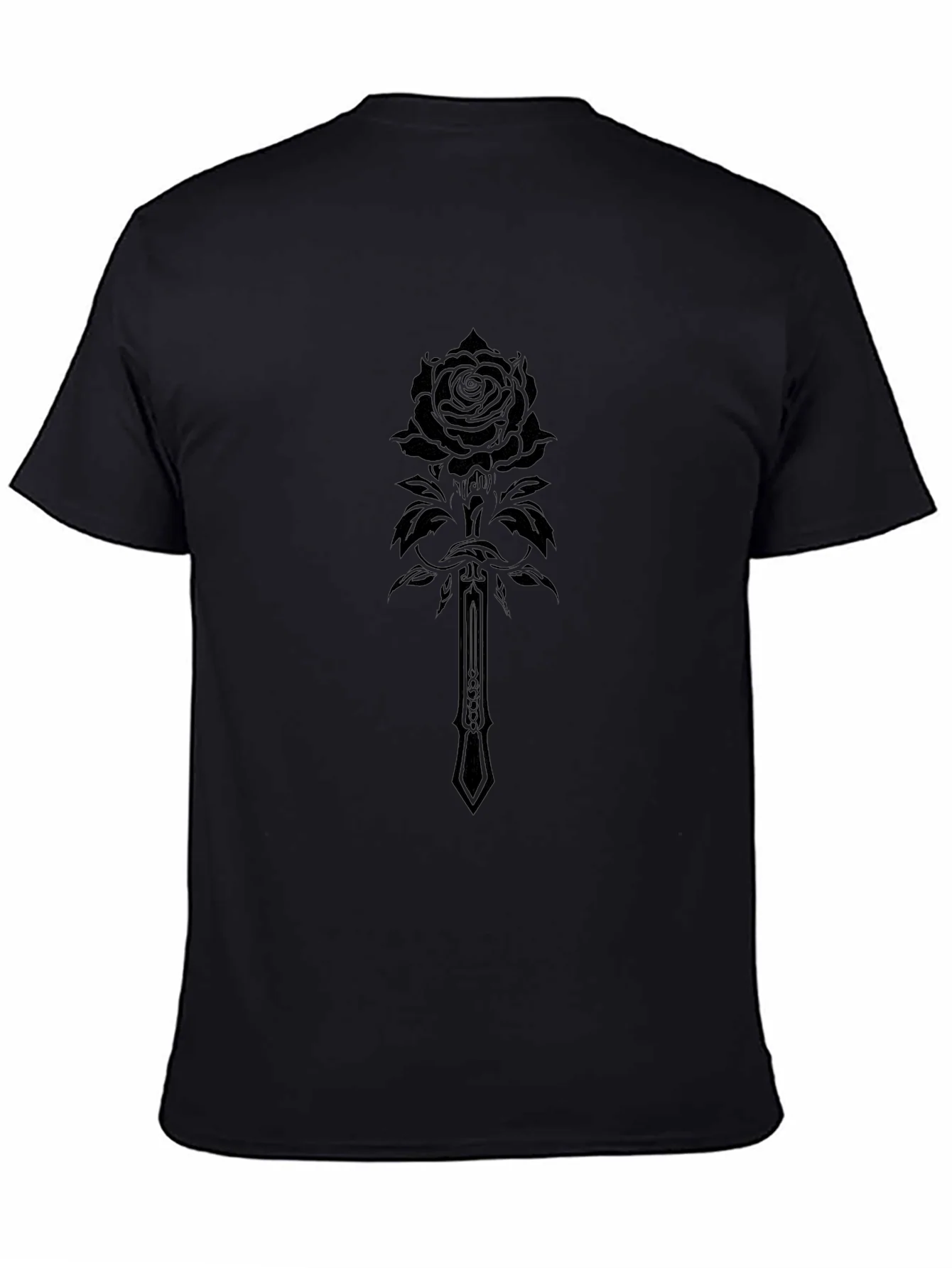 Camiseta Negra Hombre Dise?o Rosa y Espada