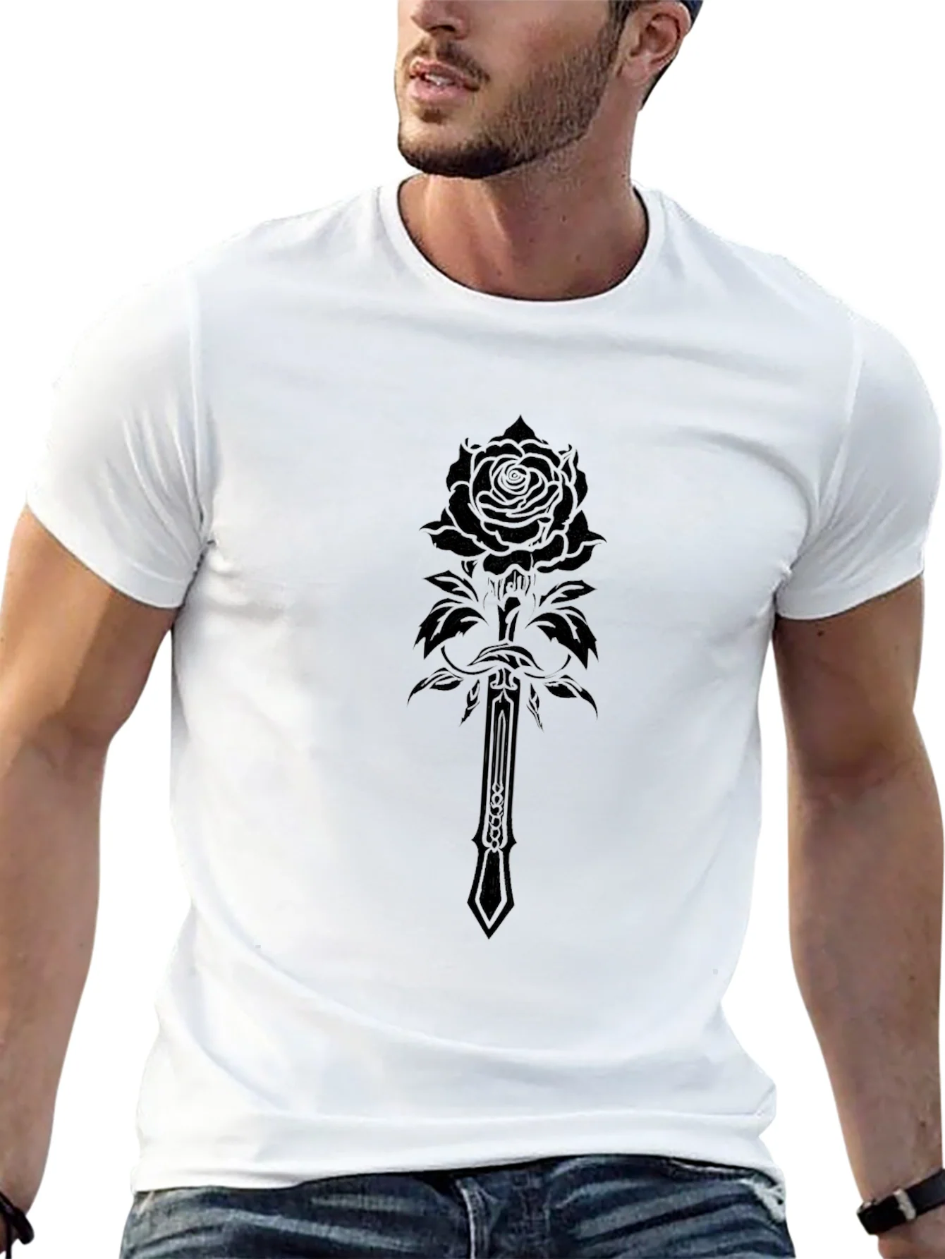Camiseta Negra Hombre Dise?o Rosa y Espada