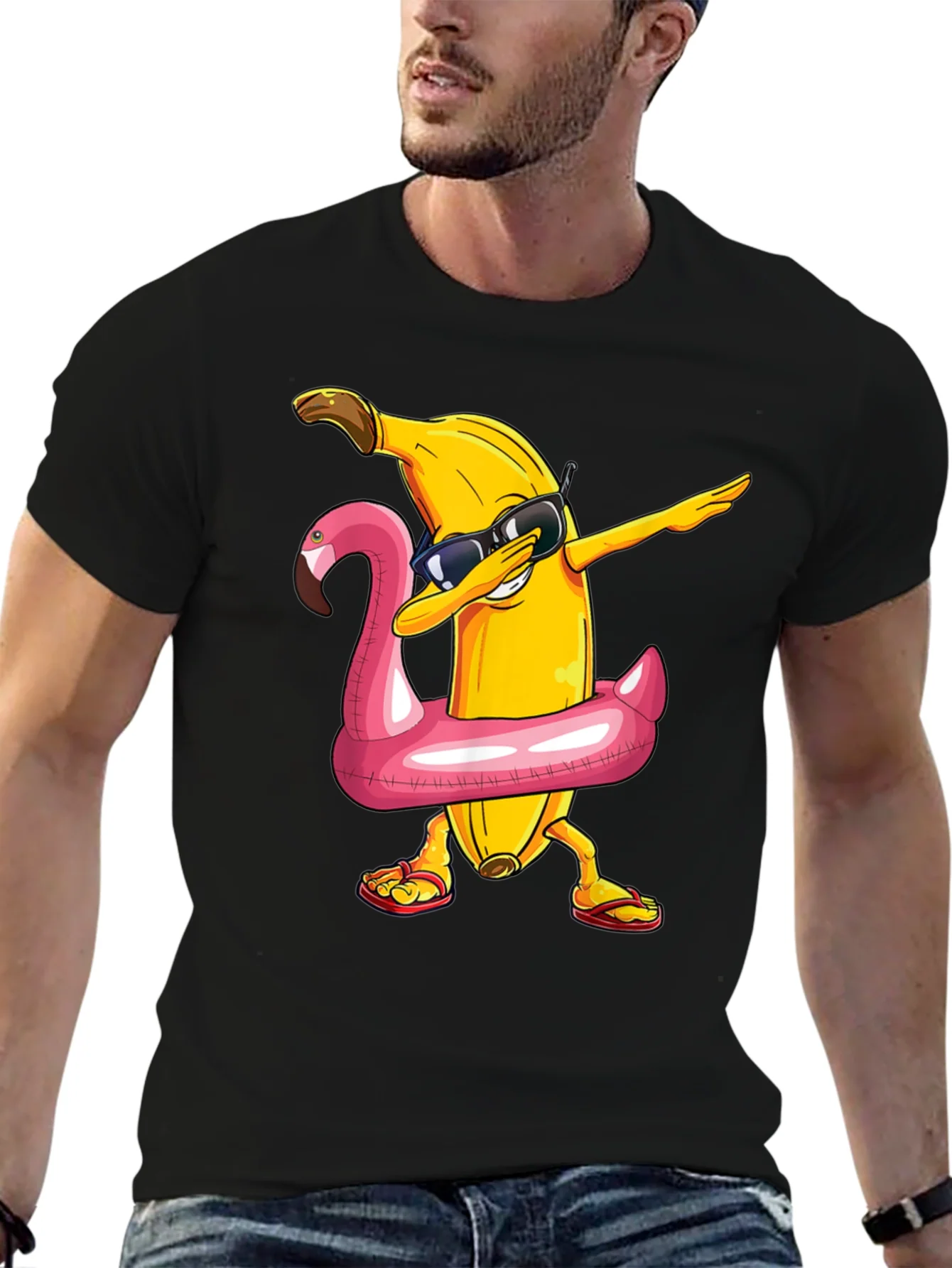 Camiseta Negra: Pl¨¢tano Dabbing en Flotador Flamingo