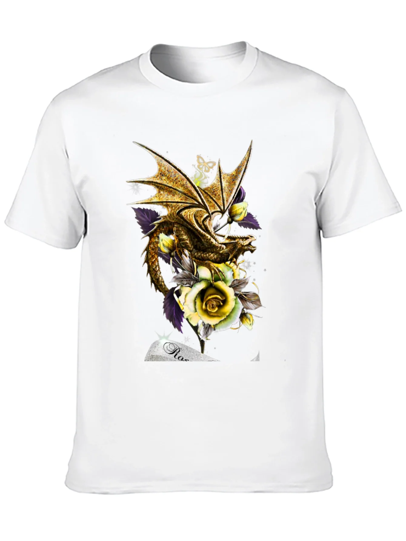 Camiseta Negra Drag¨®n Dorado y Rosas