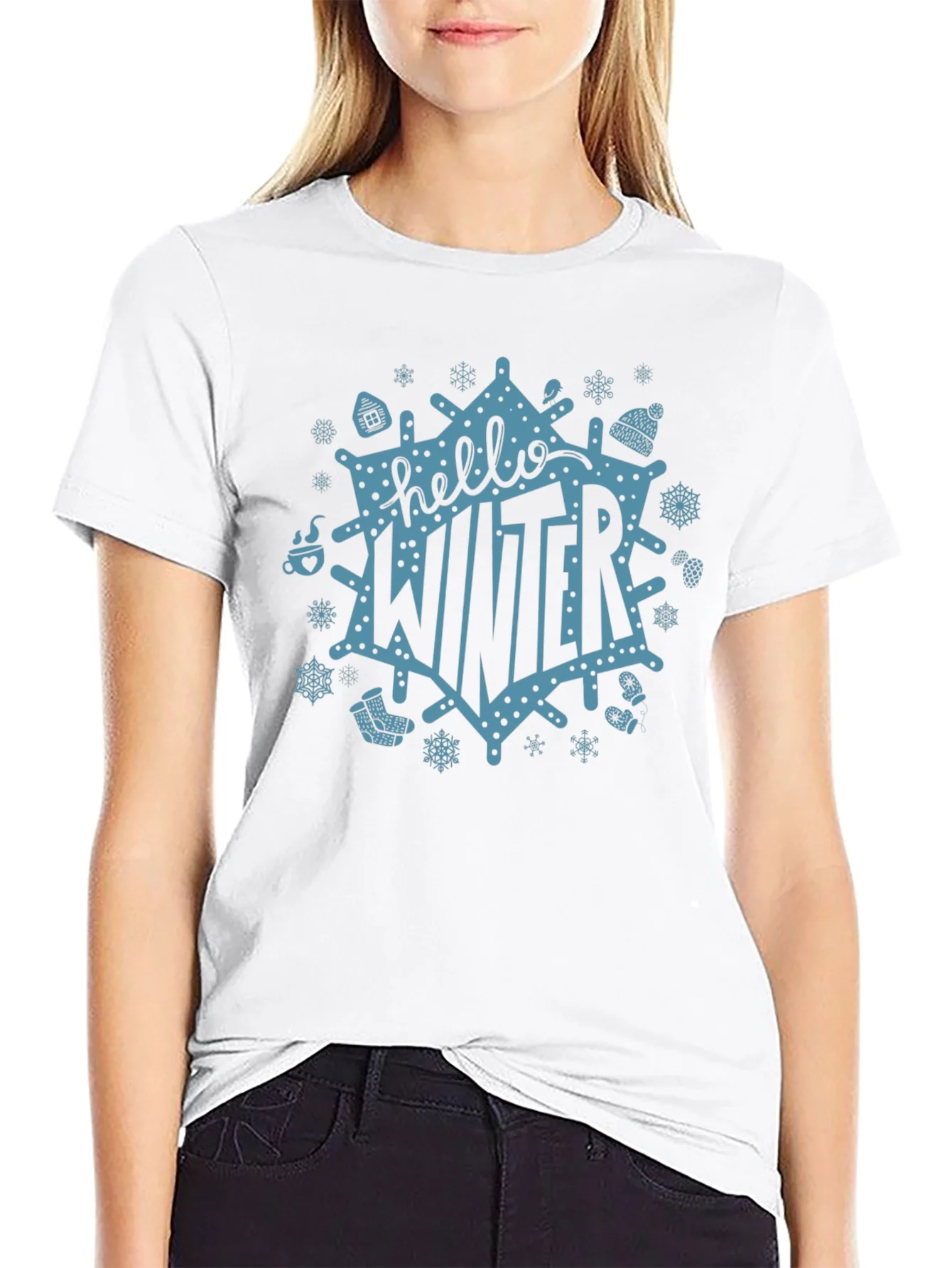 Camiseta Negra Hello Winter Dise?o Festivo Invernal