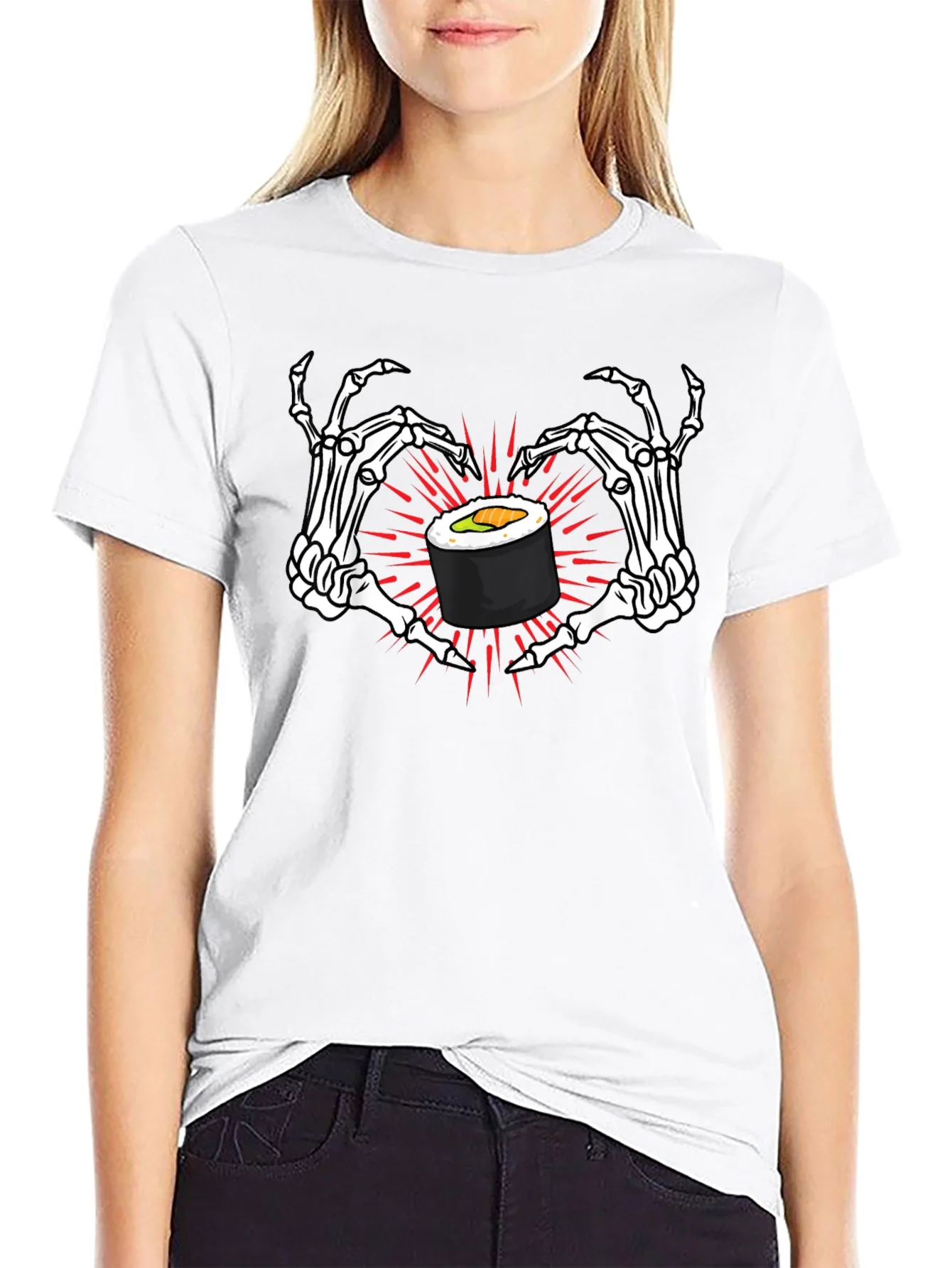 Camiseta Negra con Sushi y Manos de Esqueleto
