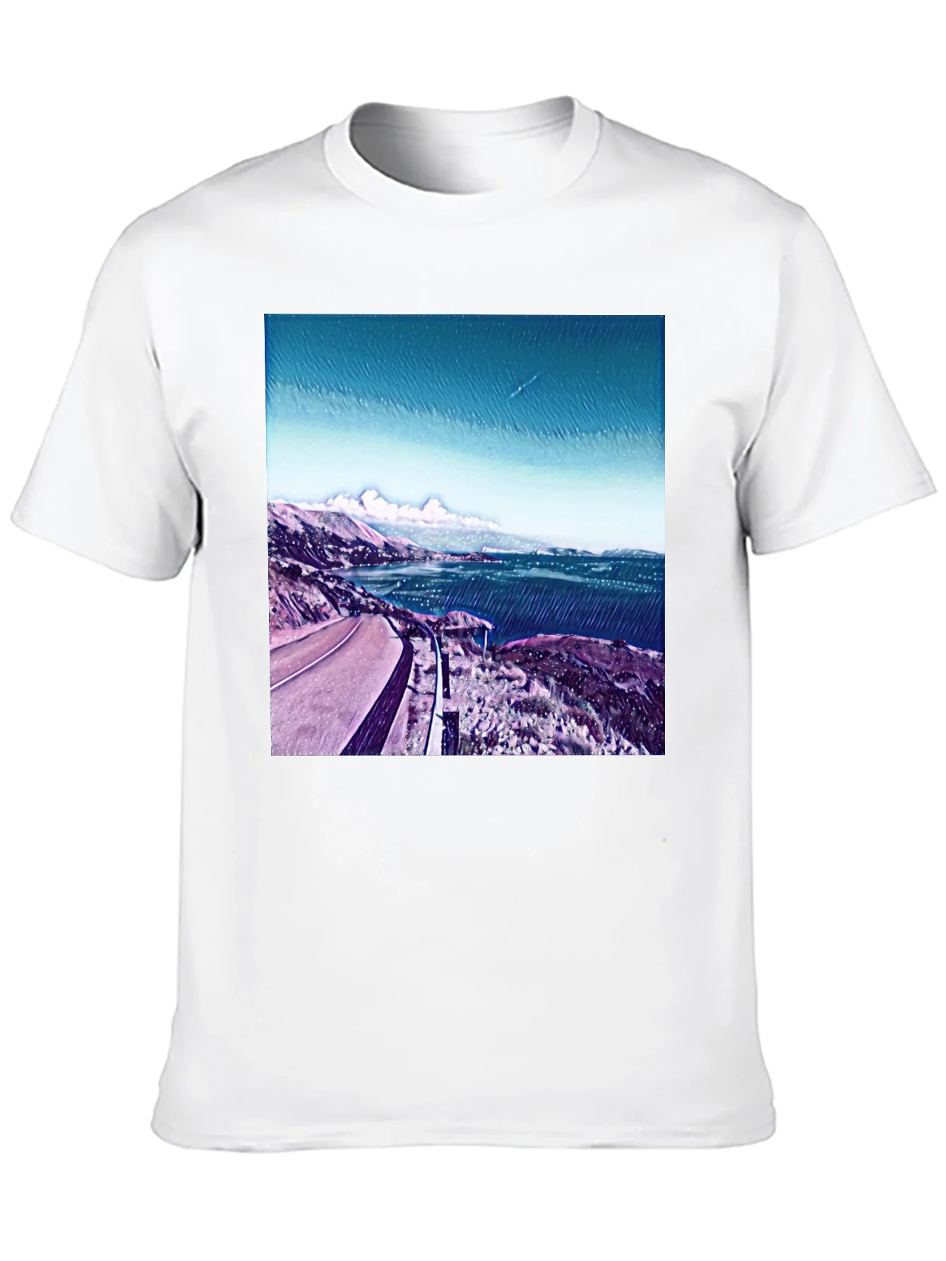 Camiseta Negra Estampada con Paisaje Costero