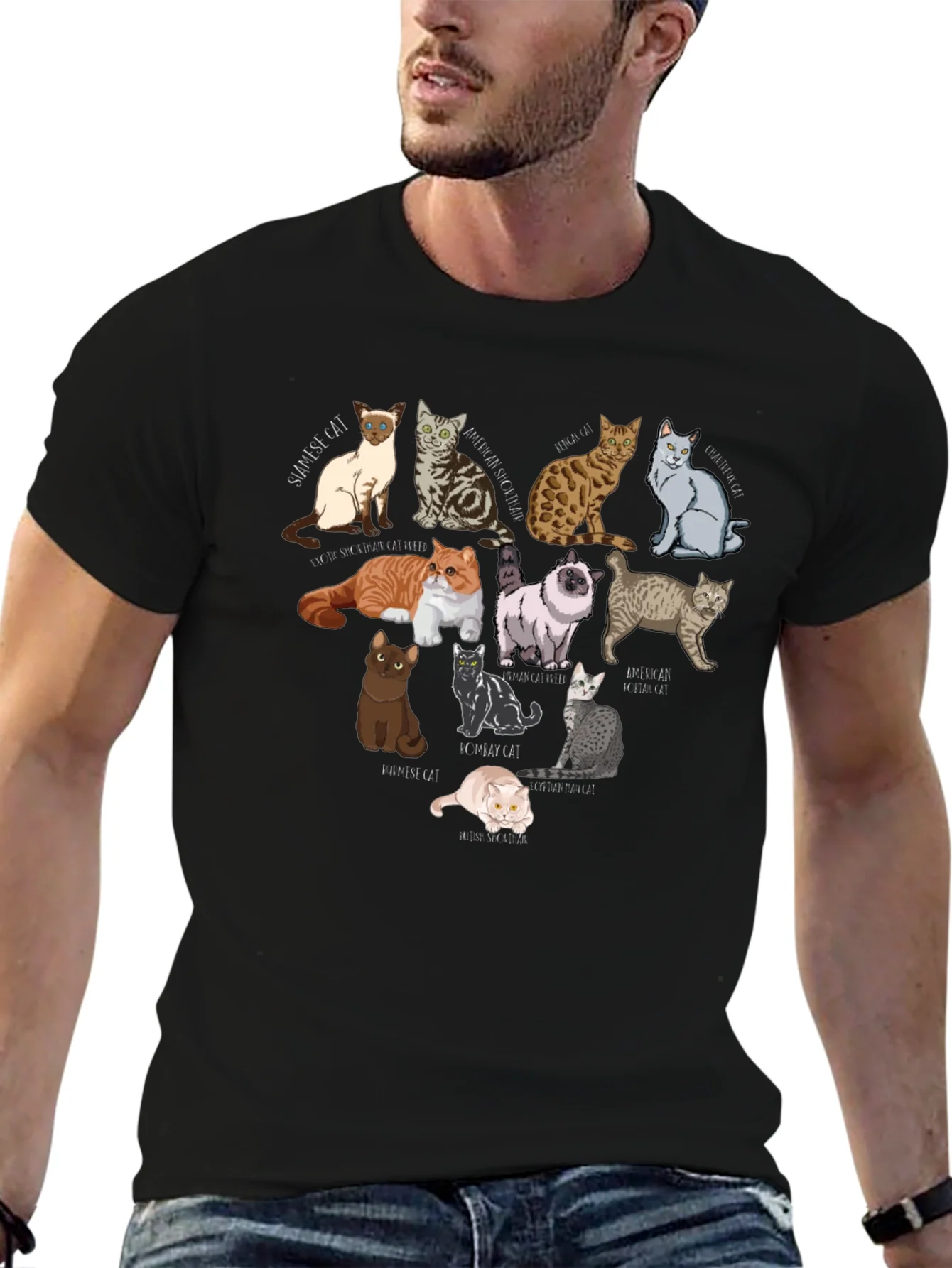 Rebbecca Cat Breeds Graphic T-Shirt - Unisex Black Tee