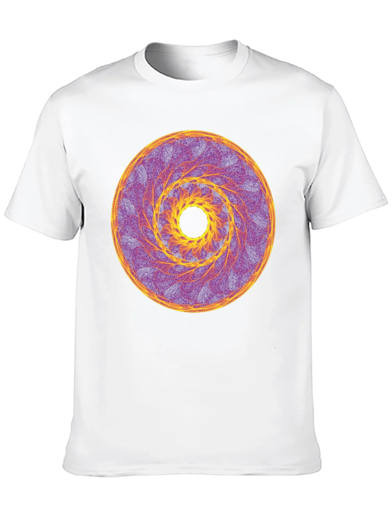 Camiseta Negra con Mandala Espiral Amarilla y Morada
