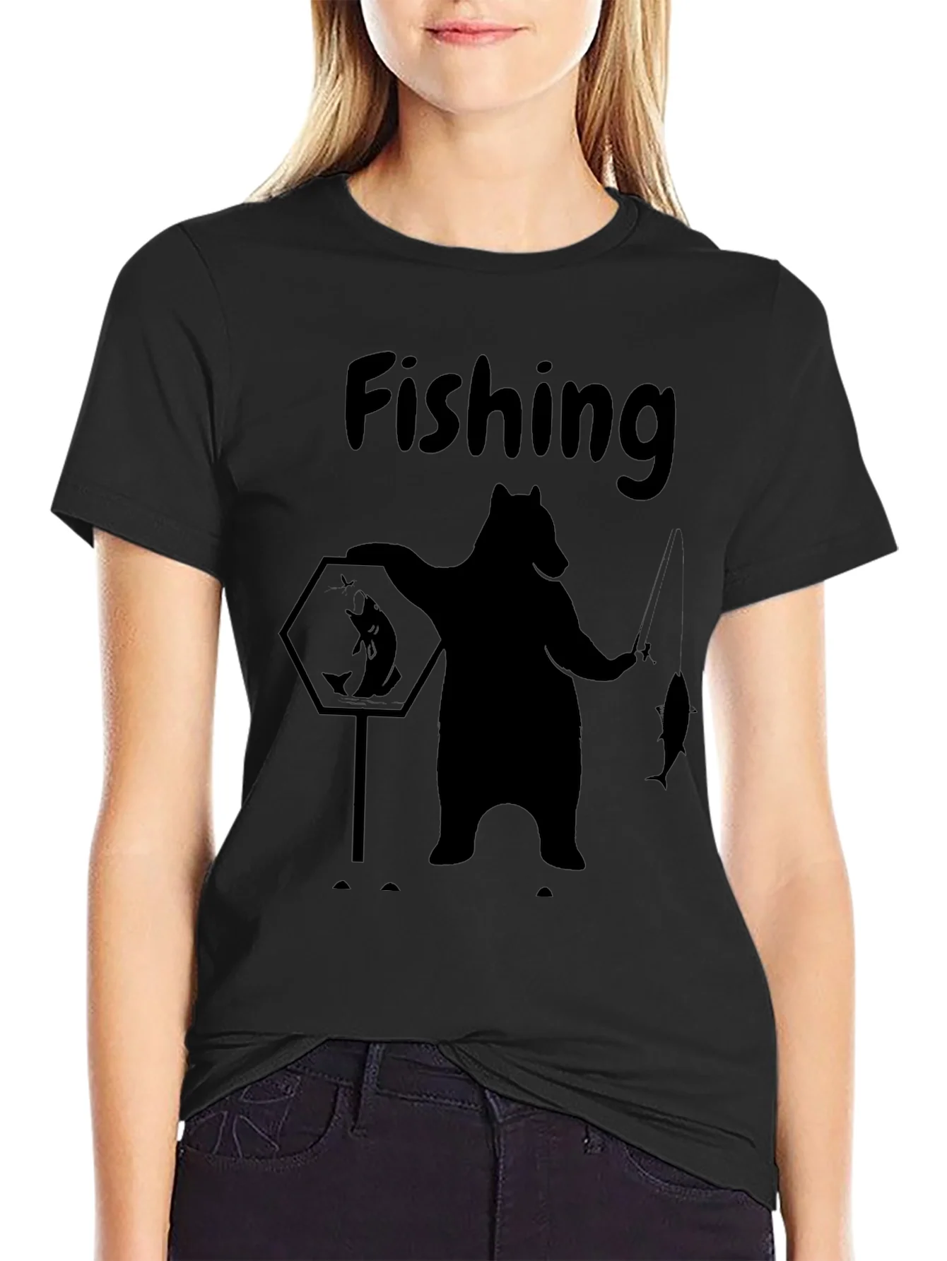 Rebbecca Fishing Bear Black Graphic Tee