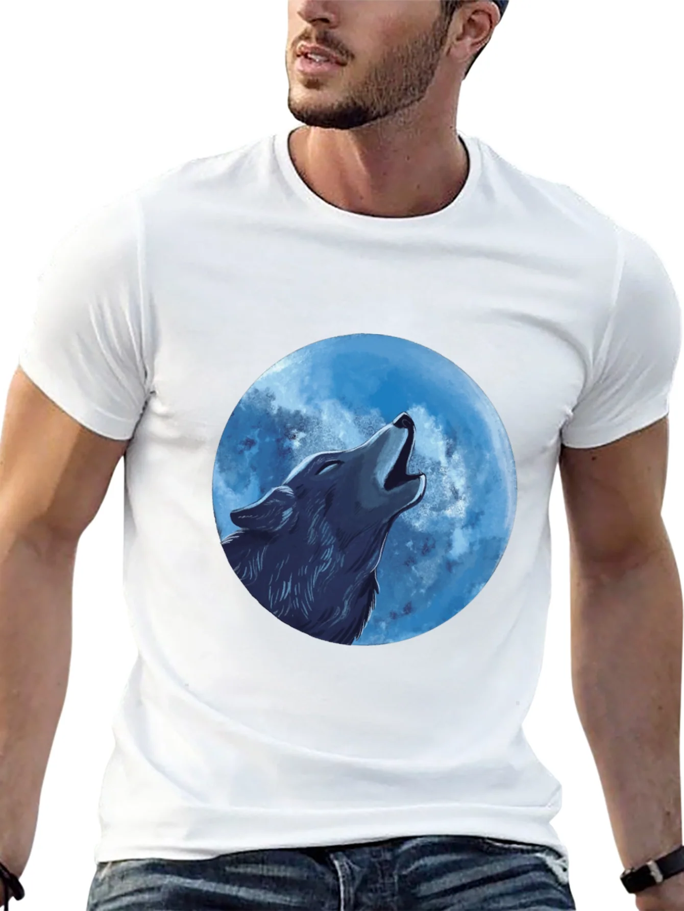 Camiseta Negra Hombre: Lobo Aullando a la Luna