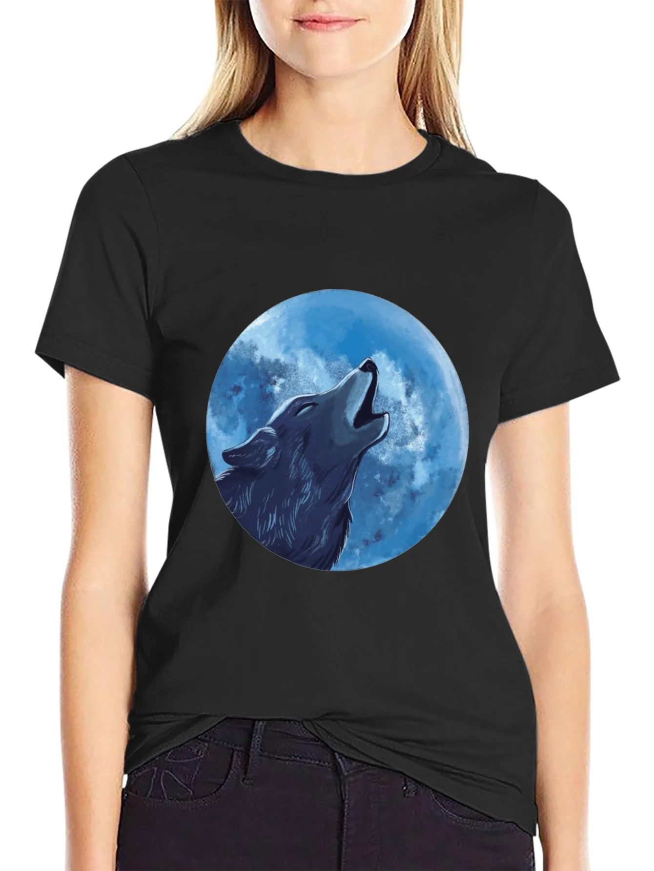 Camiseta Negra Hombre: Lobo Aullando a la Luna