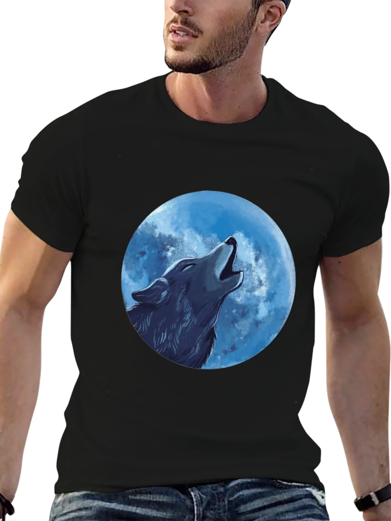 Camiseta Negra Hombre: Lobo Aullando a la Luna