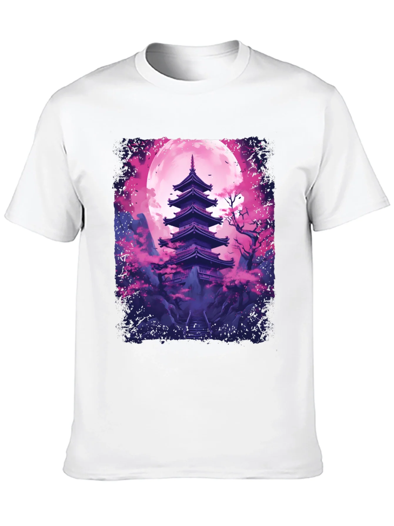 Camiseta Negra Pagoda Japonesa Luna Rosa