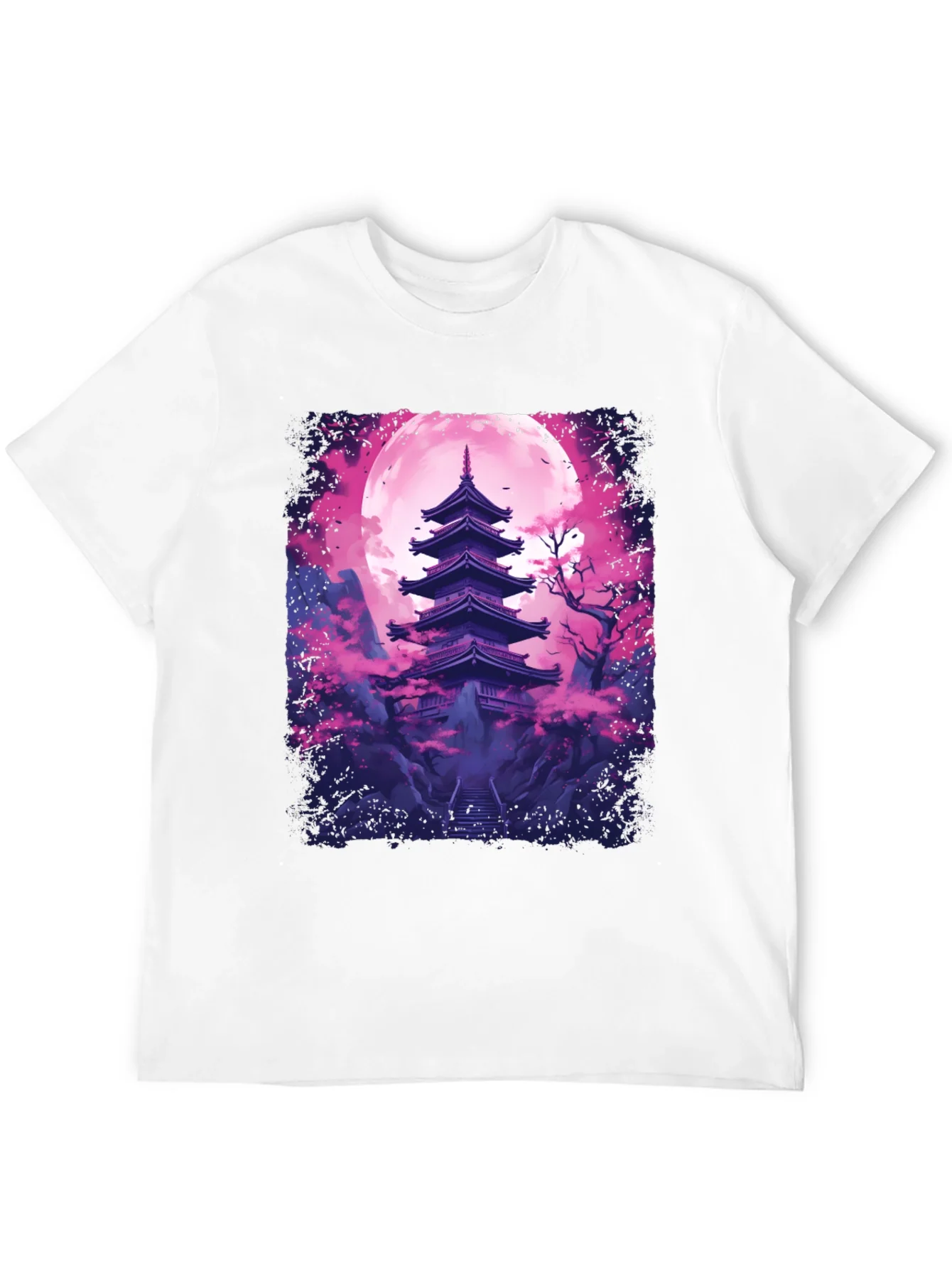Camiseta Negra Pagoda Japonesa Luna Rosa