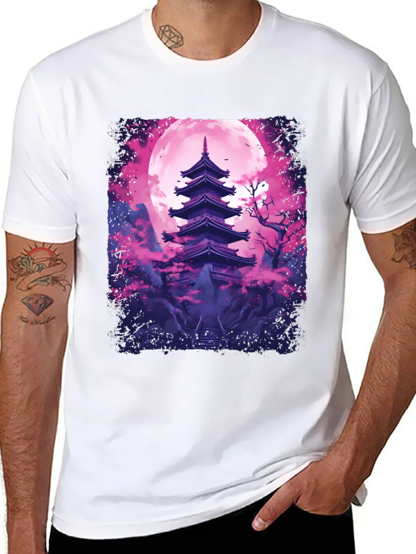 Camiseta Negra Pagoda Japonesa Luna Rosa