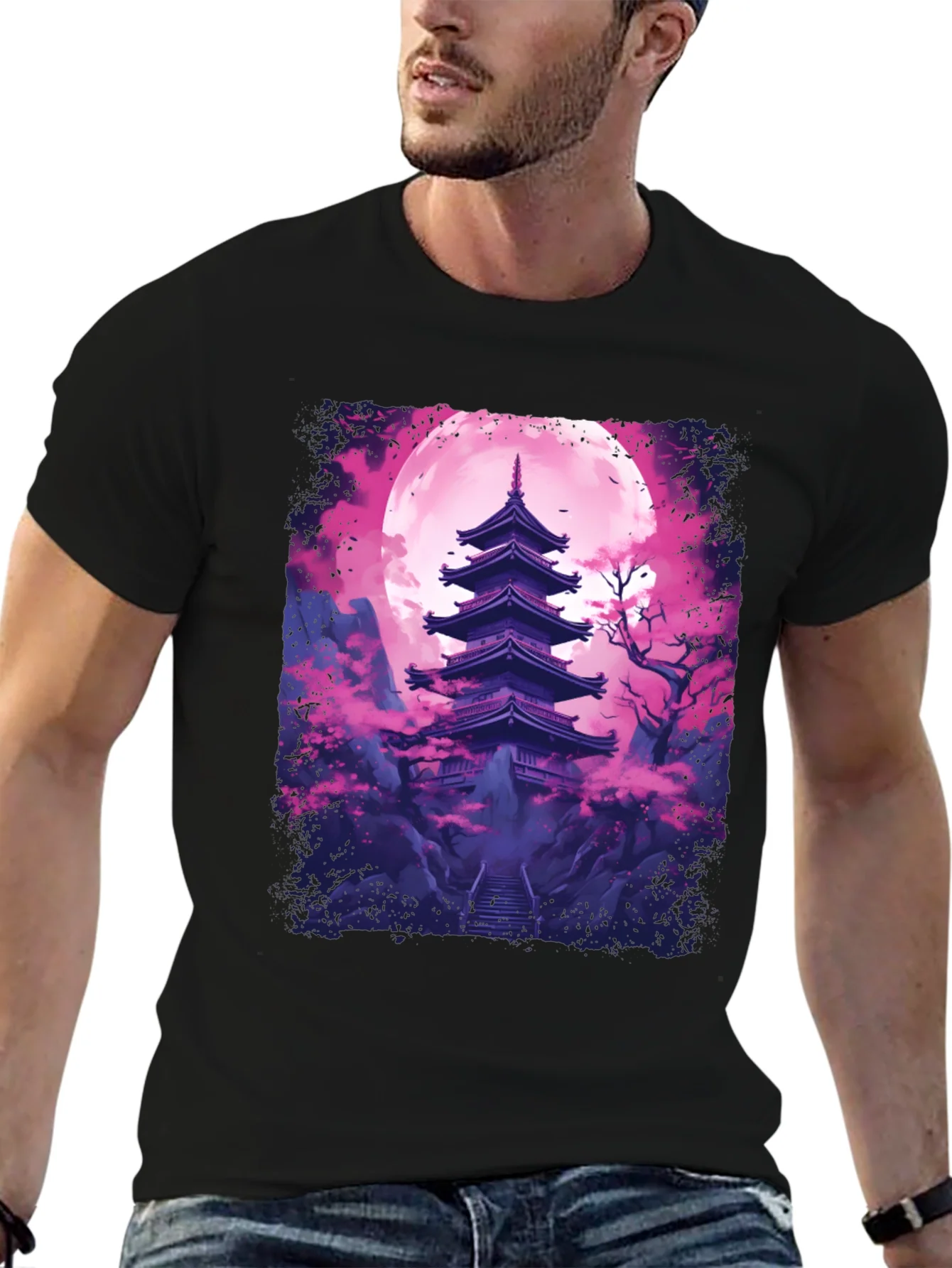 Camiseta Negra Pagoda Japonesa Luna Rosa