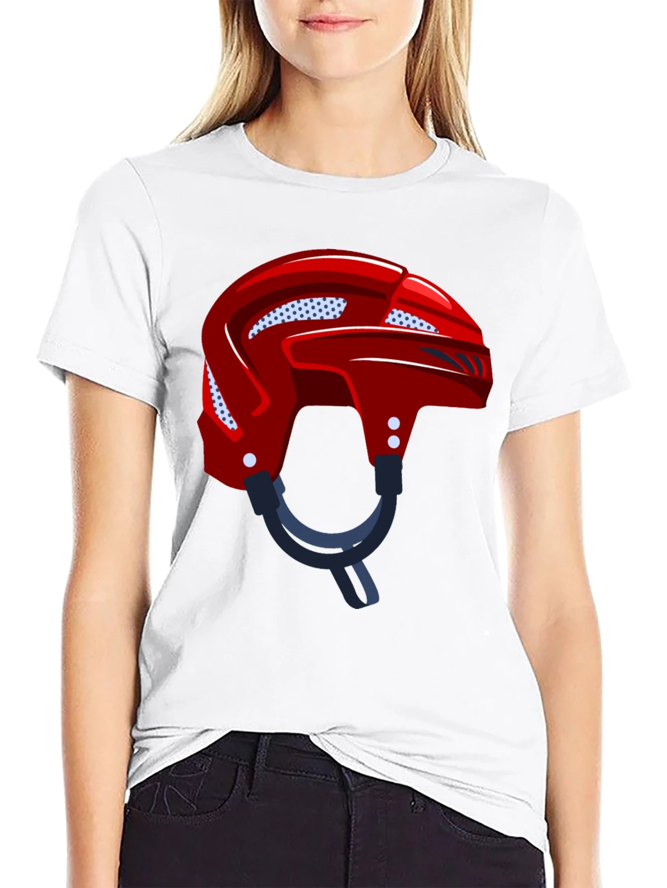 Camiseta Negra con Casco de Hockey Rojo