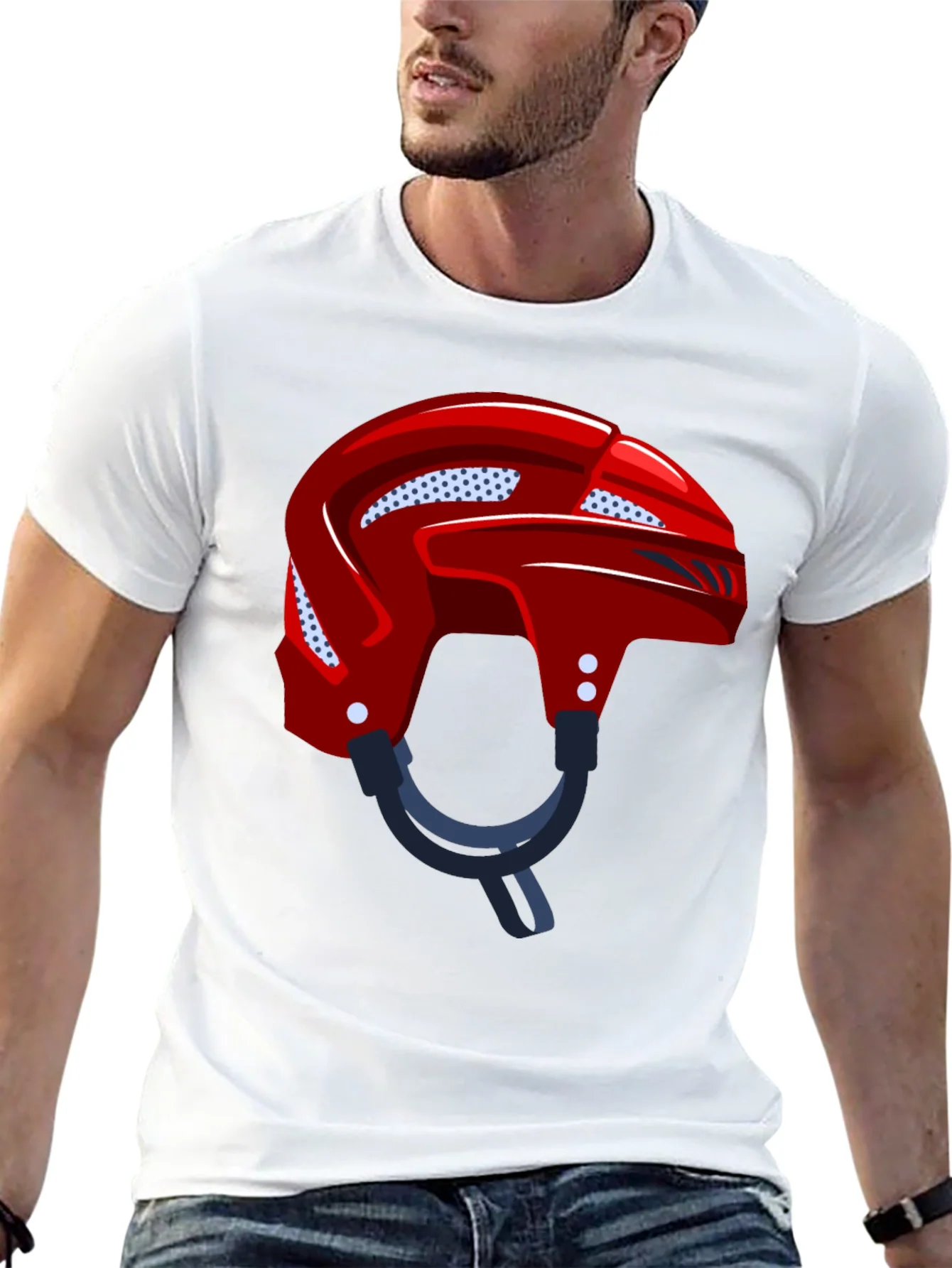 Camiseta Negra con Casco de Hockey Rojo