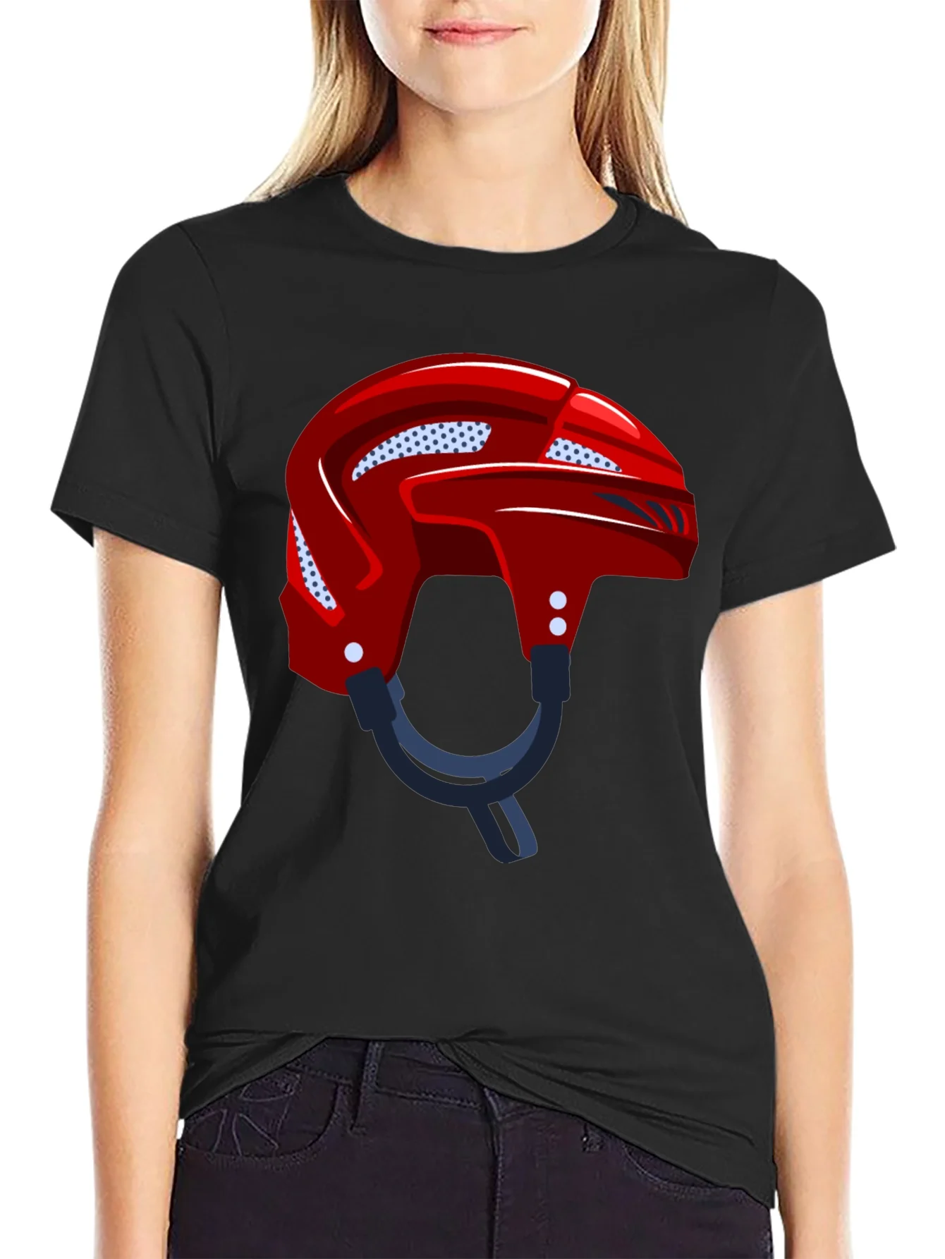Camiseta Negra con Casco de Hockey Rojo