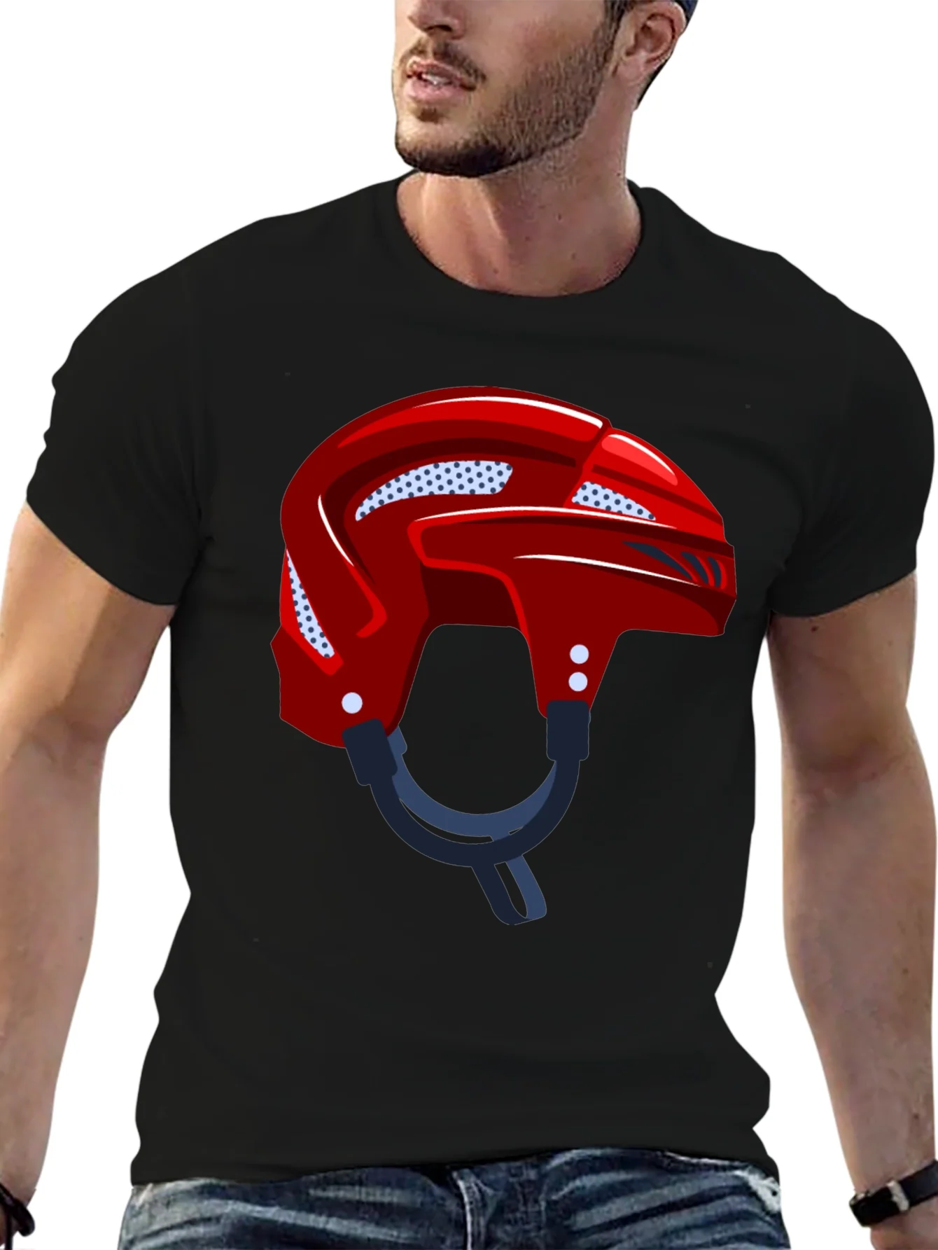 Camiseta Negra con Casco de Hockey Rojo