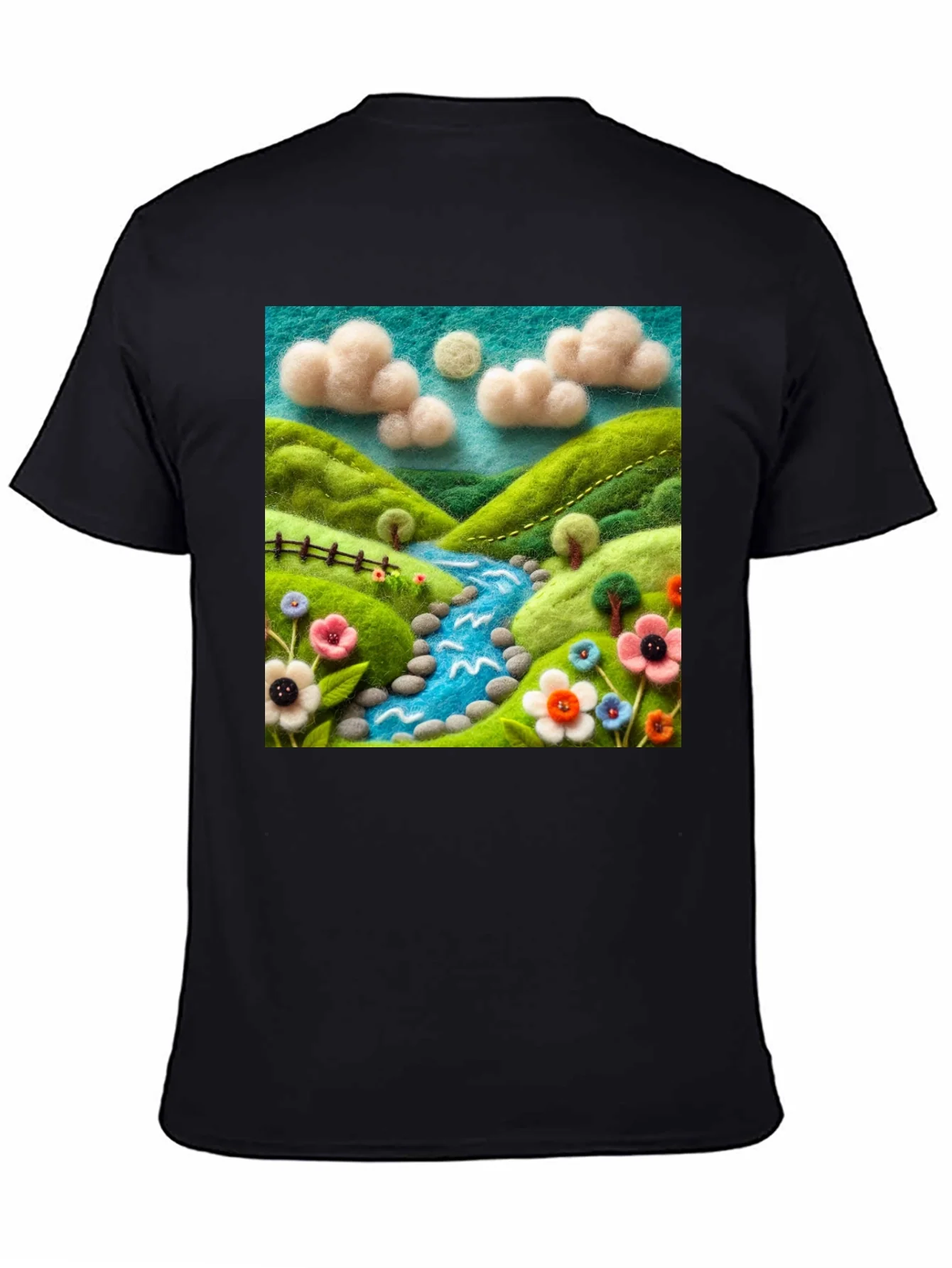 Camiseta Negra con Dise?o Esc¨¦nico Floral y R¨ªo