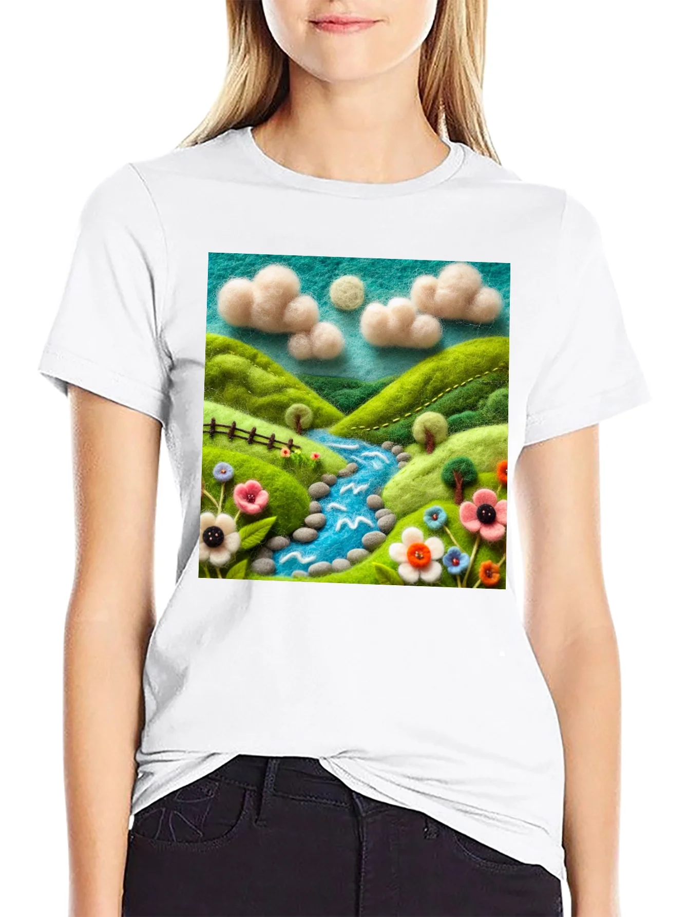 Camiseta Negra con Dise?o Esc¨¦nico Floral y R¨ªo