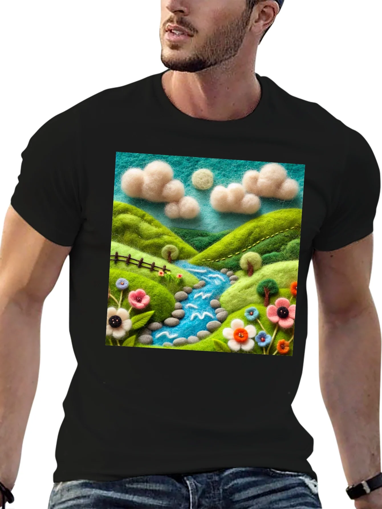 Camiseta Negra con Dise?o Esc¨¦nico Floral y R¨ªo