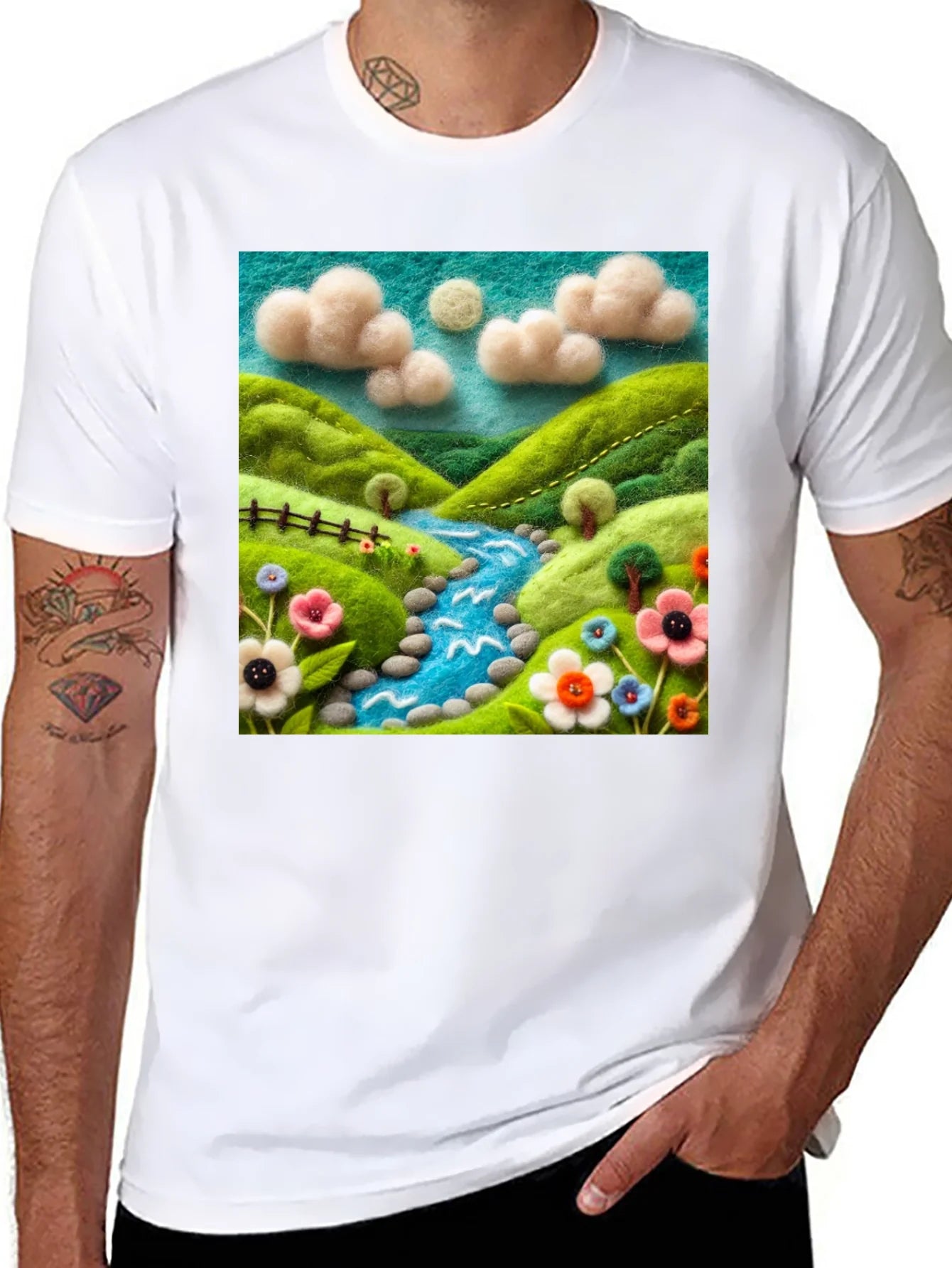 Camiseta Negra con Dise?o Esc¨¦nico Floral y R¨ªo