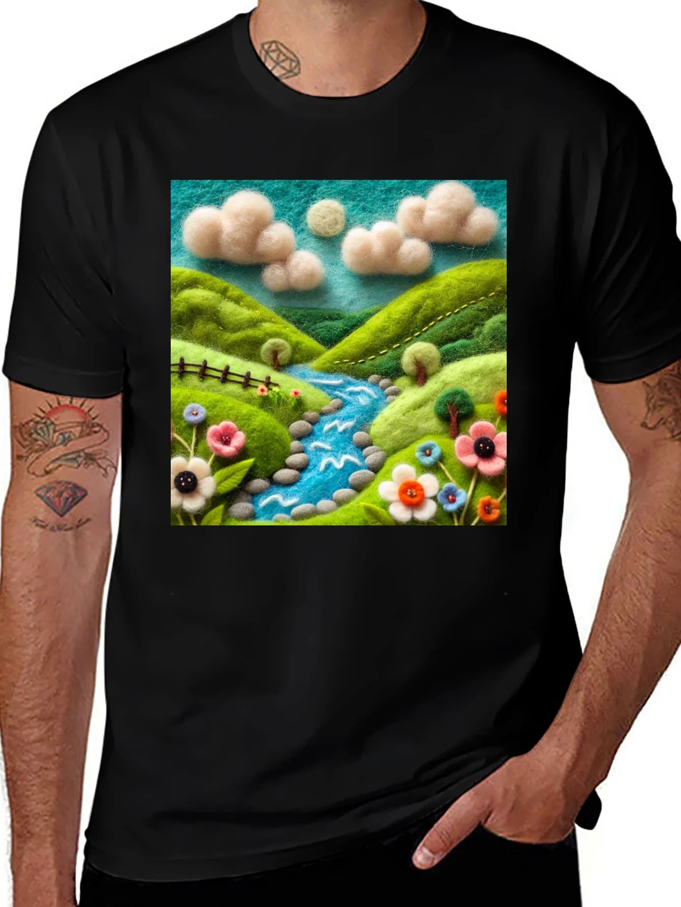 Camiseta Negra con Dise?o Esc¨¦nico Floral y R¨ªo