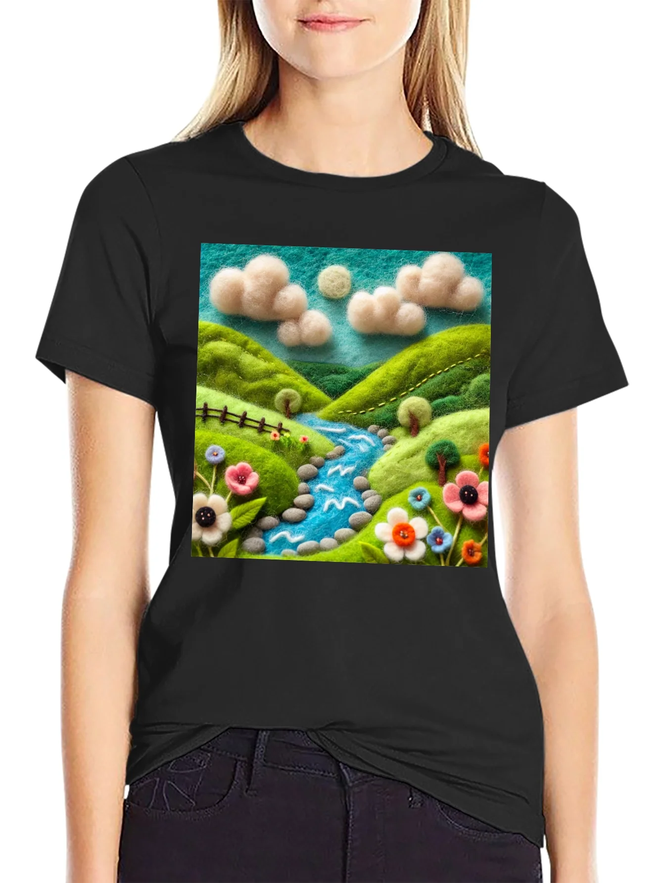 Camiseta Negra con Dise?o Esc¨¦nico Floral y R¨ªo