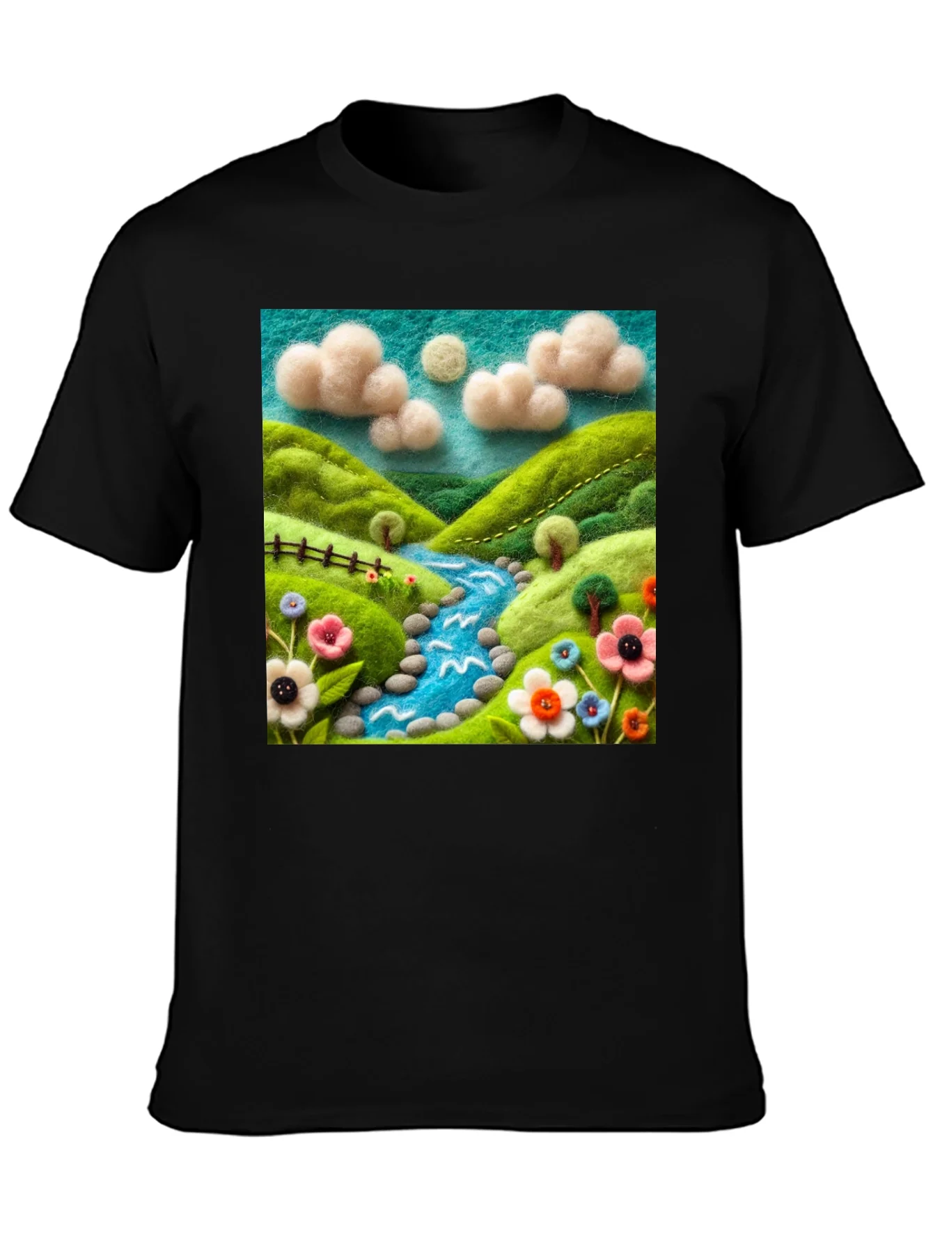 Camiseta Negra con Dise?o Esc¨¦nico Floral y R¨ªo
